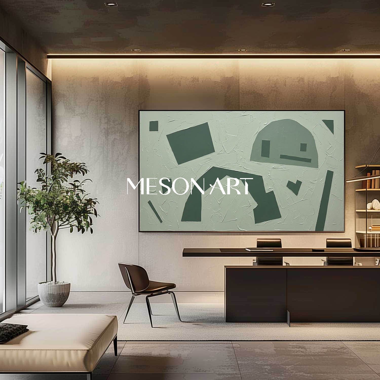 Tonal Sage Framed Painting Panoramic Green Geometric Canvas Above Sofa Abstract Wall Decor