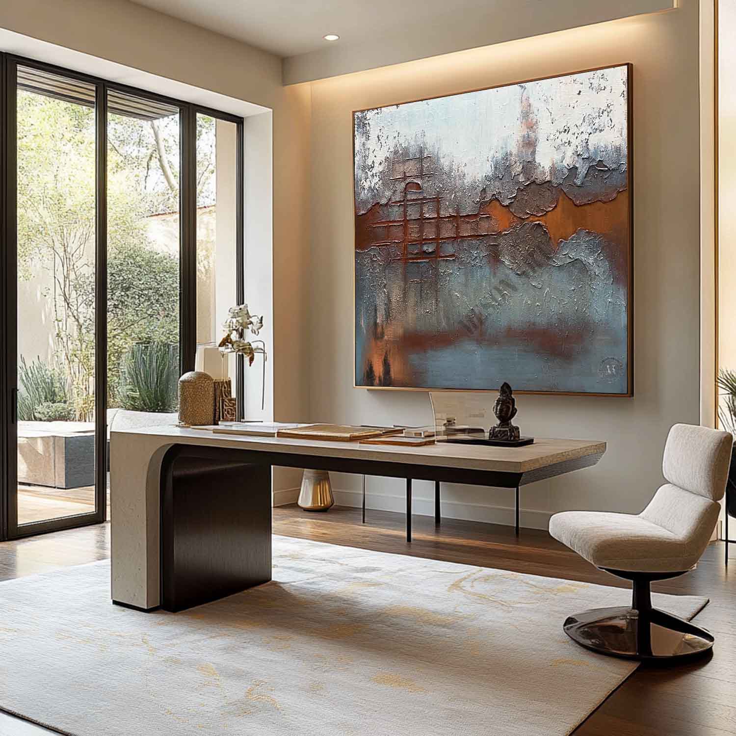 Brown and Blue Abstract Art Canvas for Sale Brown and Blue Minimalist Painting Wabi-Sabi Wall Art