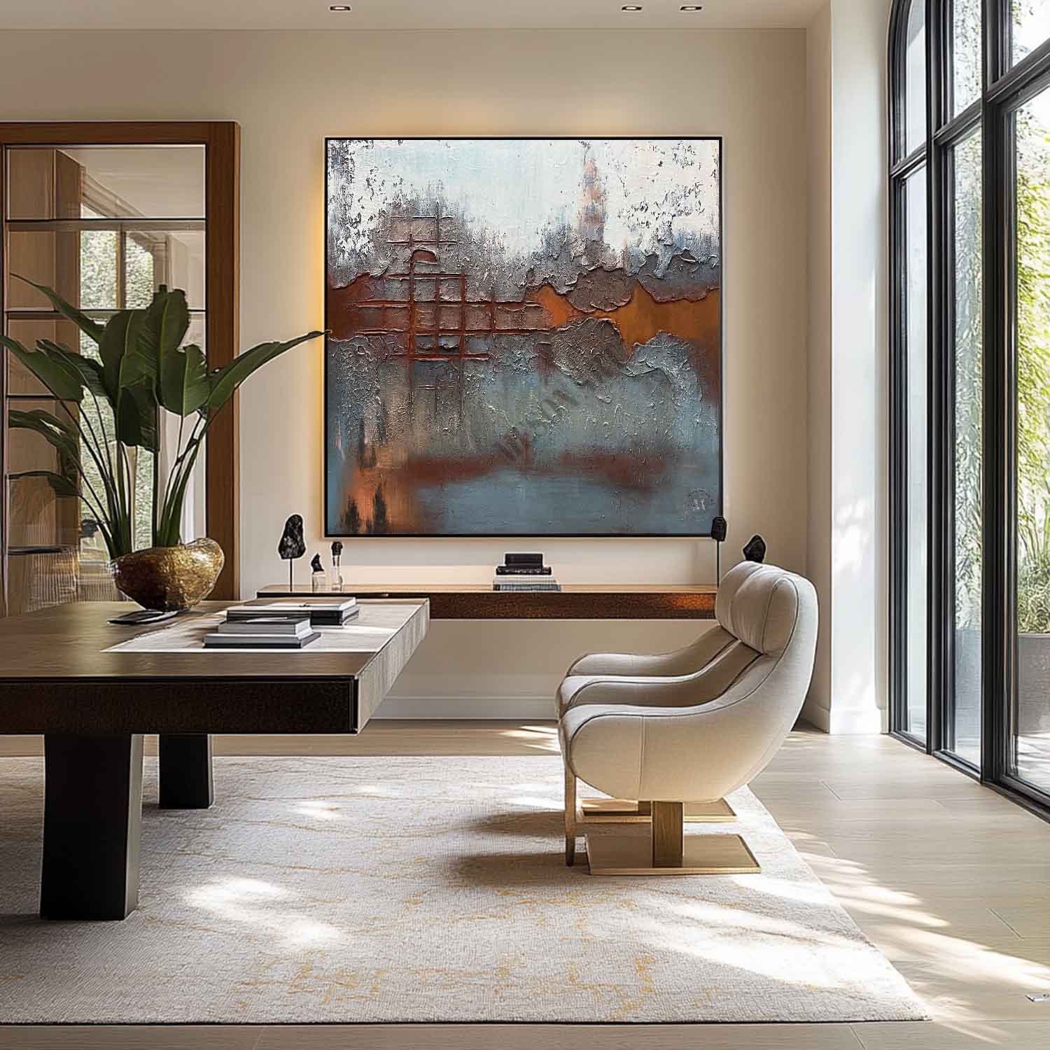 Brown and Blue Abstract Art Canvas for Sale Brown and Blue Minimalist Painting Wabi-Sabi Wall Art