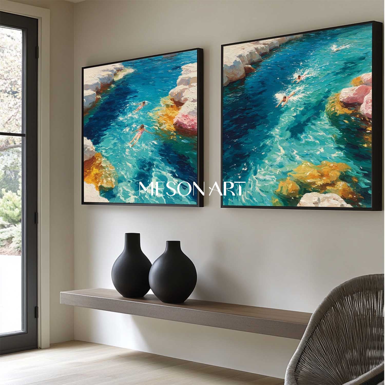 Large Seaside Swimming Canvas Art 2 Piece Set For sale Summer Holiday Wall Paintings