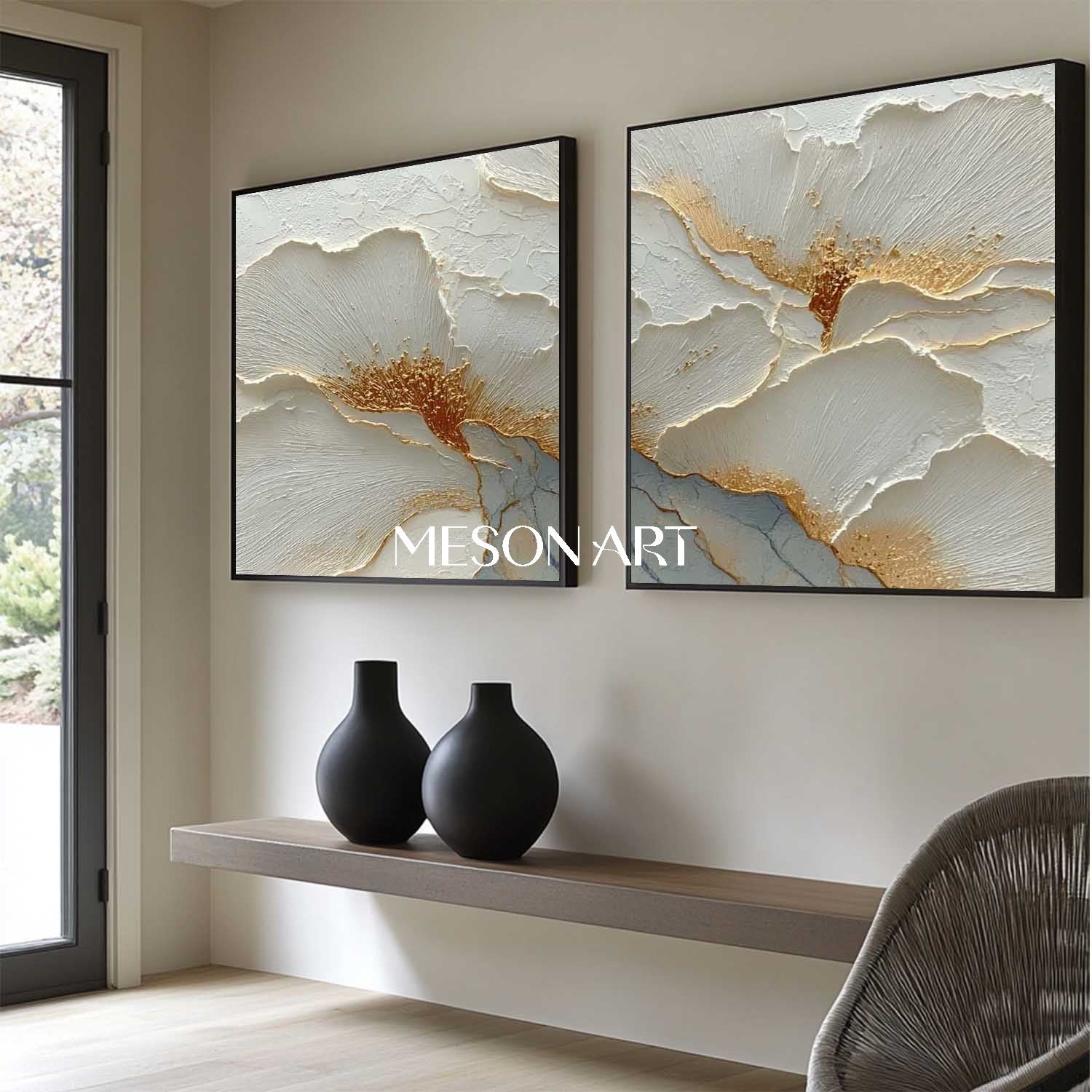 Luxury White and Gold Plaster Canvas Art, Elegant Plaster Flower Paintings for Home Decor