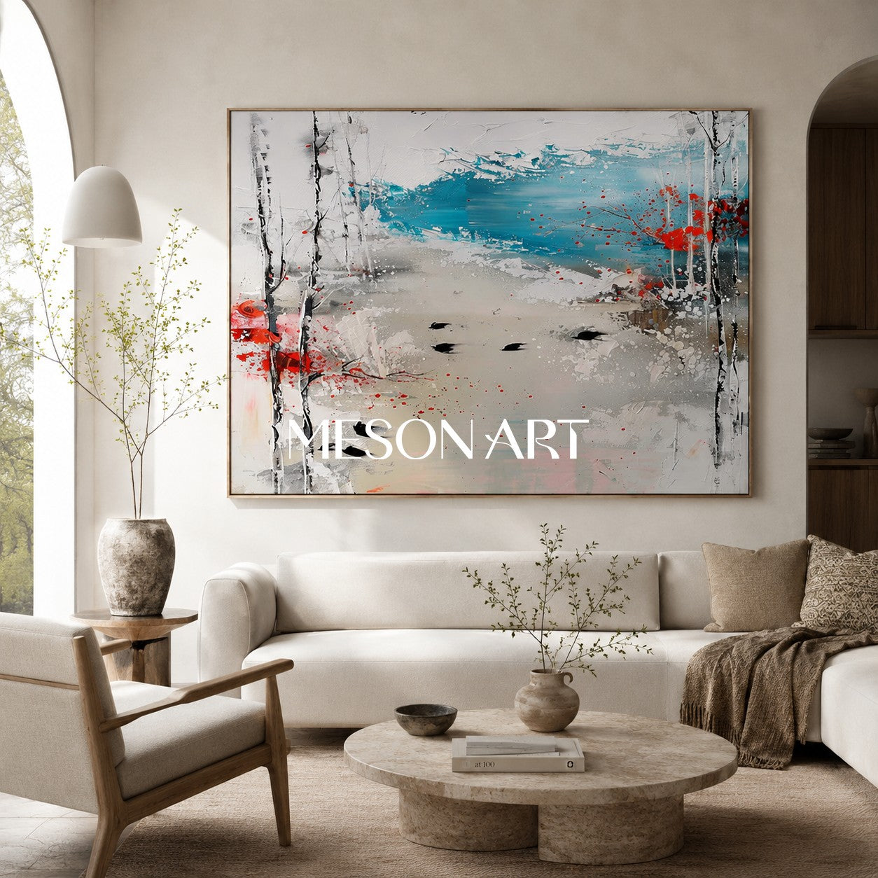 Large White Abstract Landscape Art for Sale Winter Lakeside Abstract Oil Painting Lakeside Canvas Wall Art
