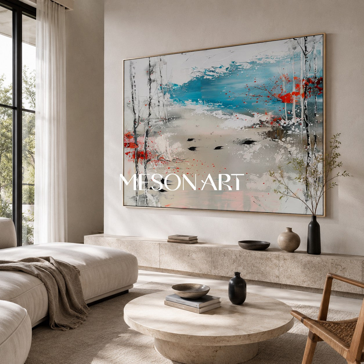 Large White Abstract Landscape Art for Sale Winter Lakeside Abstract Oil Painting Lakeside Canvas Wall Art