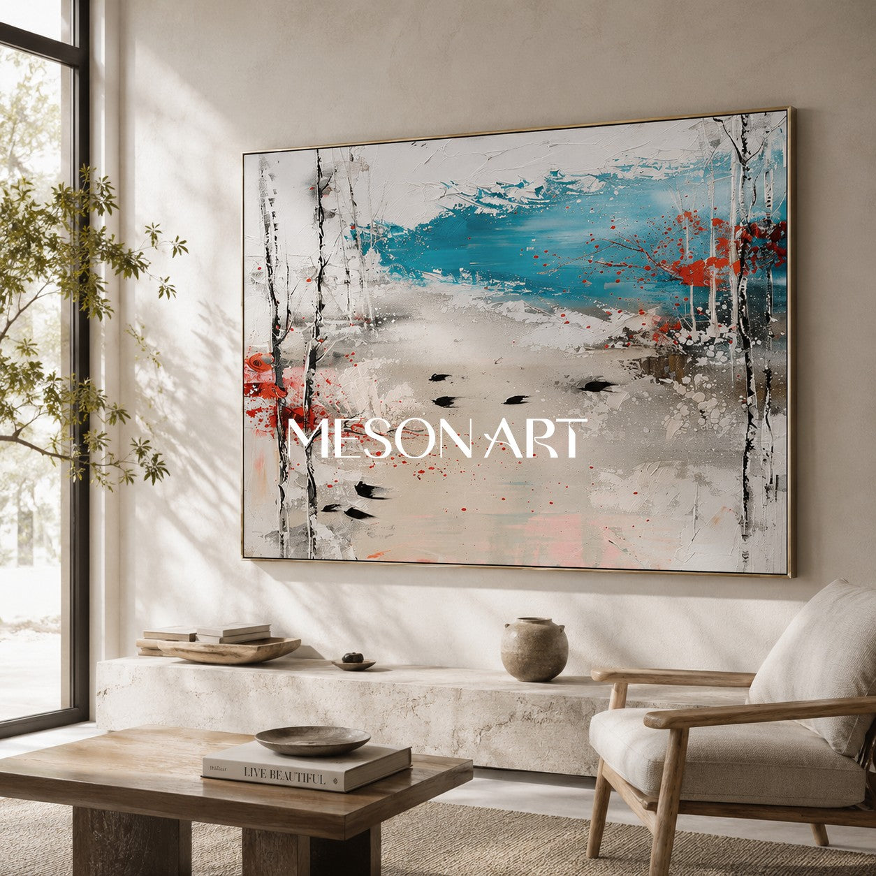 Large White Abstract Landscape Art for Sale Winter Lakeside Abstract Oil Painting Lakeside Canvas Wall Art