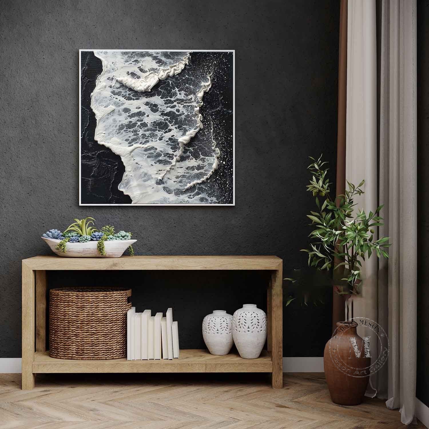 3D Black and White Wave Art Canvas Black and White Abstract Textured Acrylic Wall Painting