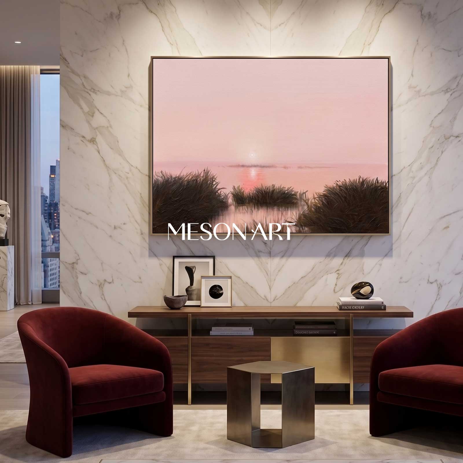 Large Luxurious black and gold landscape wall art Beautiful sunset landscape texture oil painting by the river