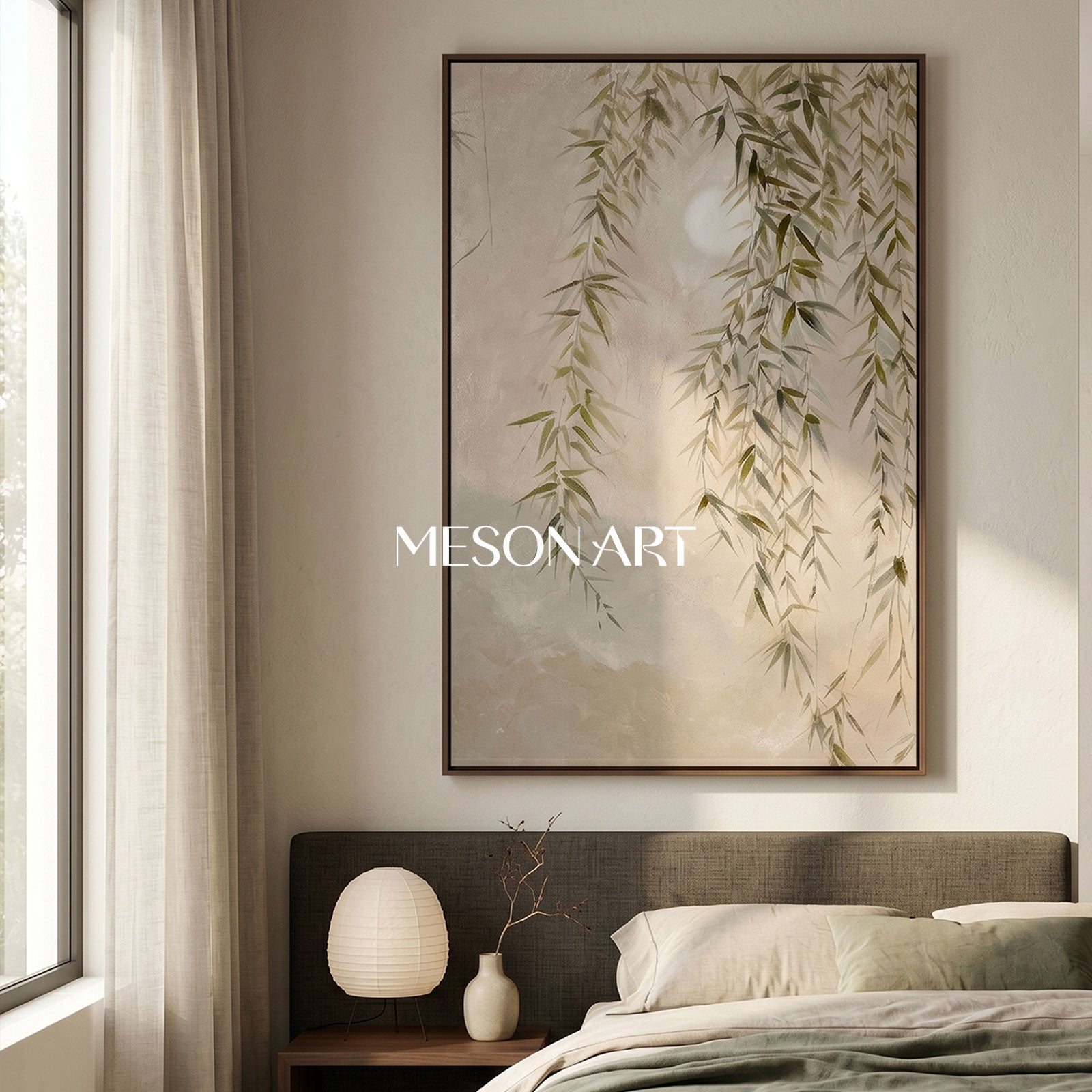 Green Willow On Canvas Wabi-Sabi Art Green Willow Oil Painting Willow Landscape Wall Art
