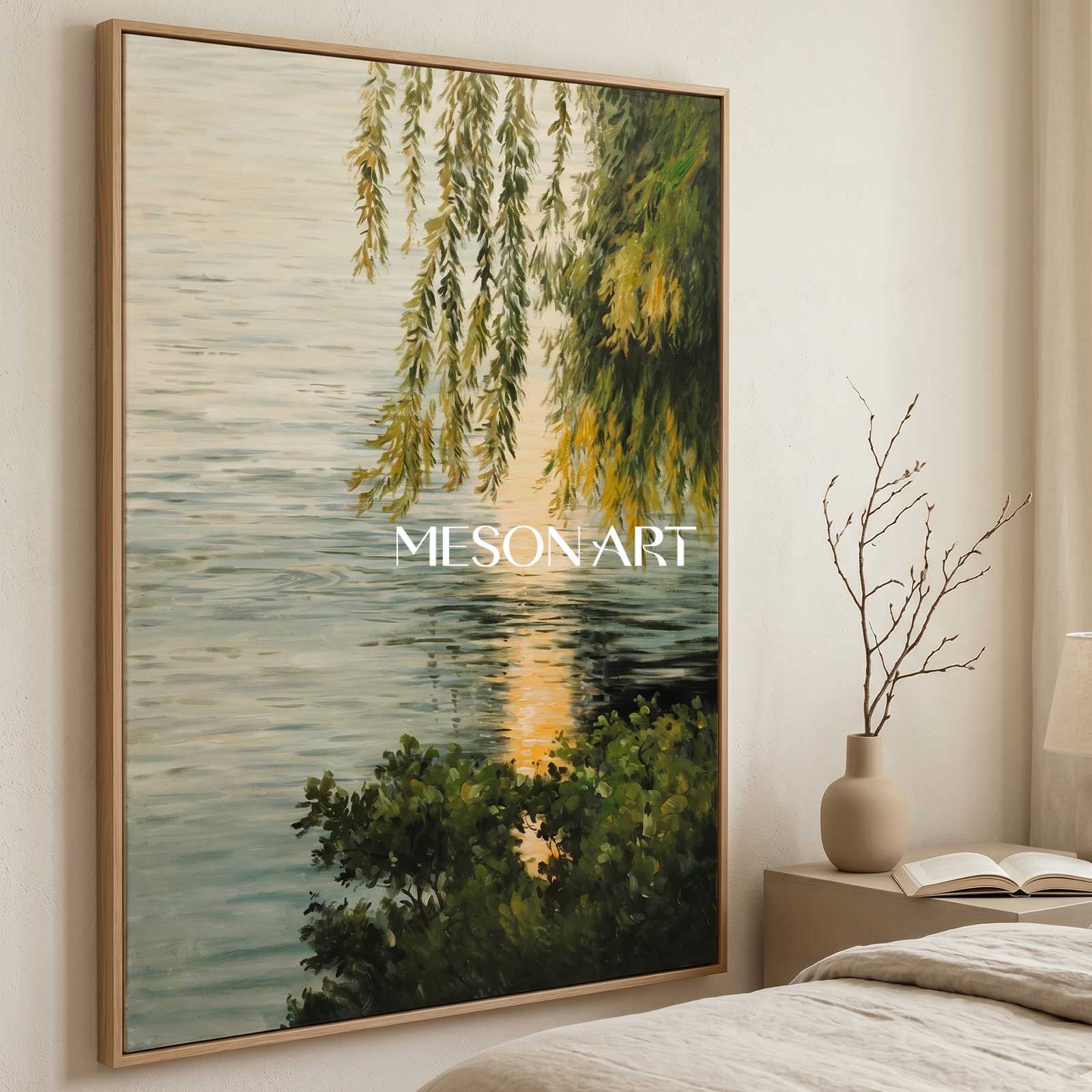 Lakeside Green Leaves Landscape Oil Painting Original Landscape Canvas Art Green Landscape Wall Art