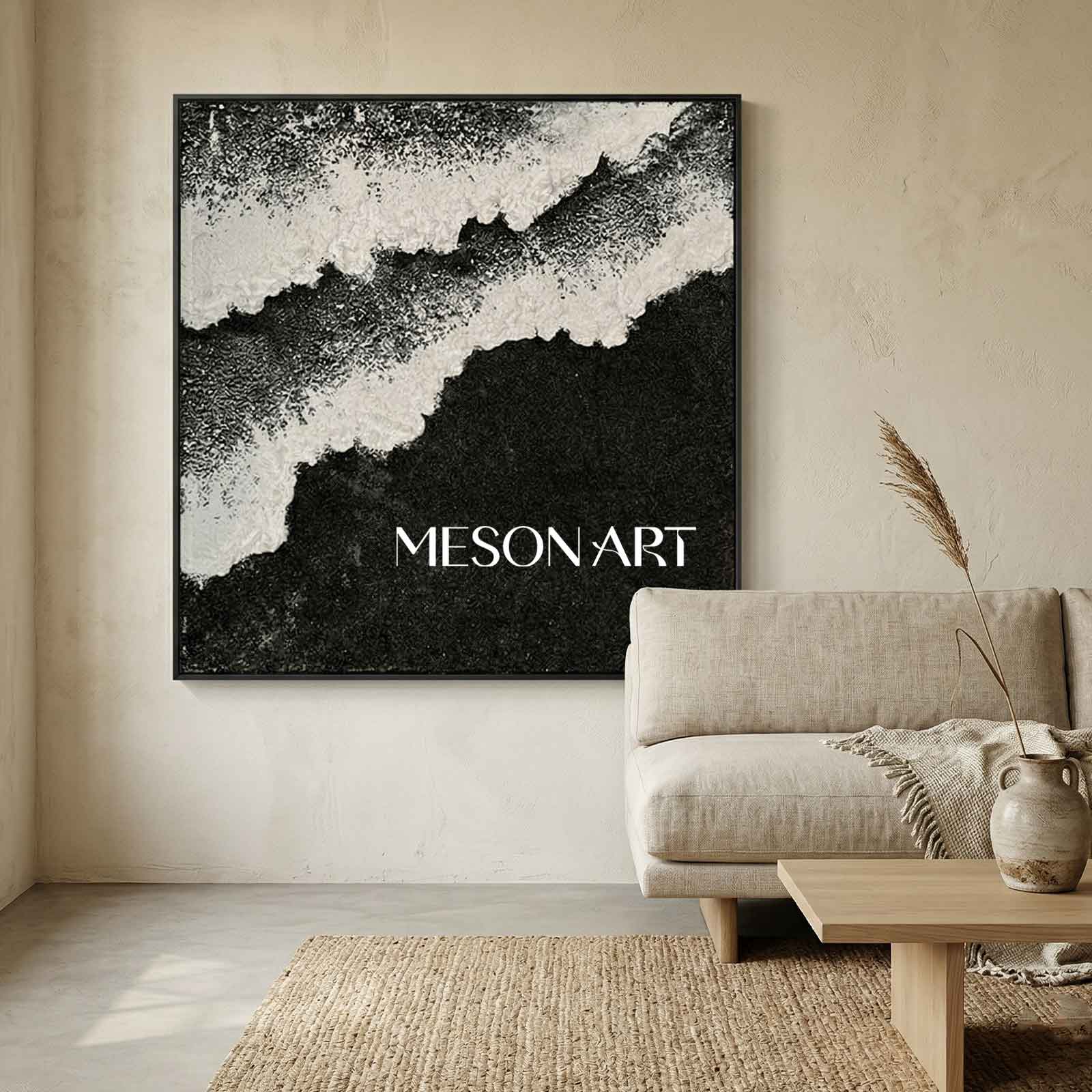 Black and White Beach Ocean Waves Plaster Canvas Art Textured Acrylic Painting Minimalist Art