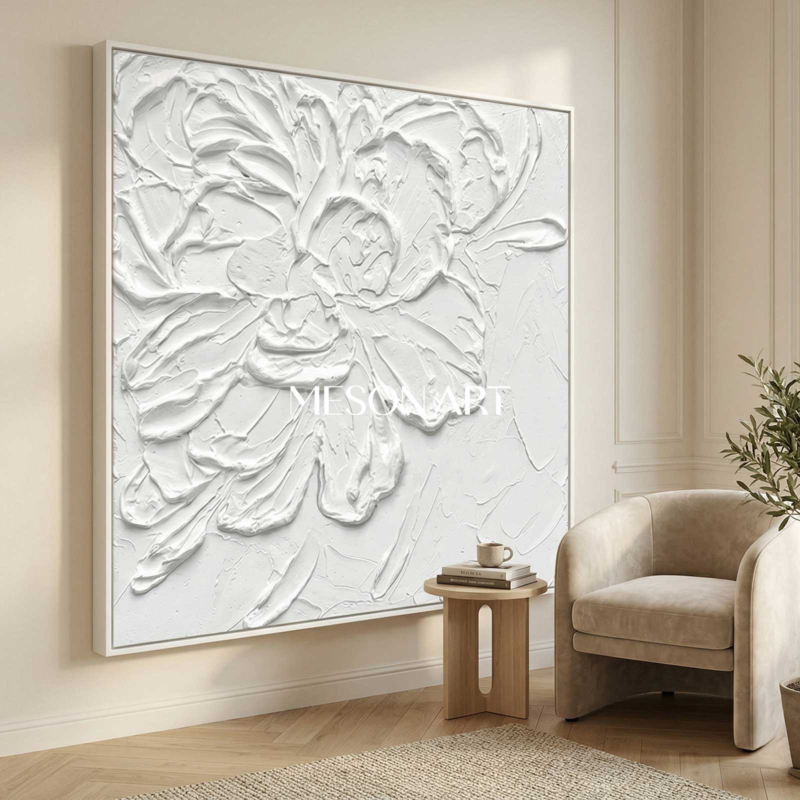 White Flowers Plaster Canvas Art Abstract Plaster Wall Art Flowers Acrylic Painting
