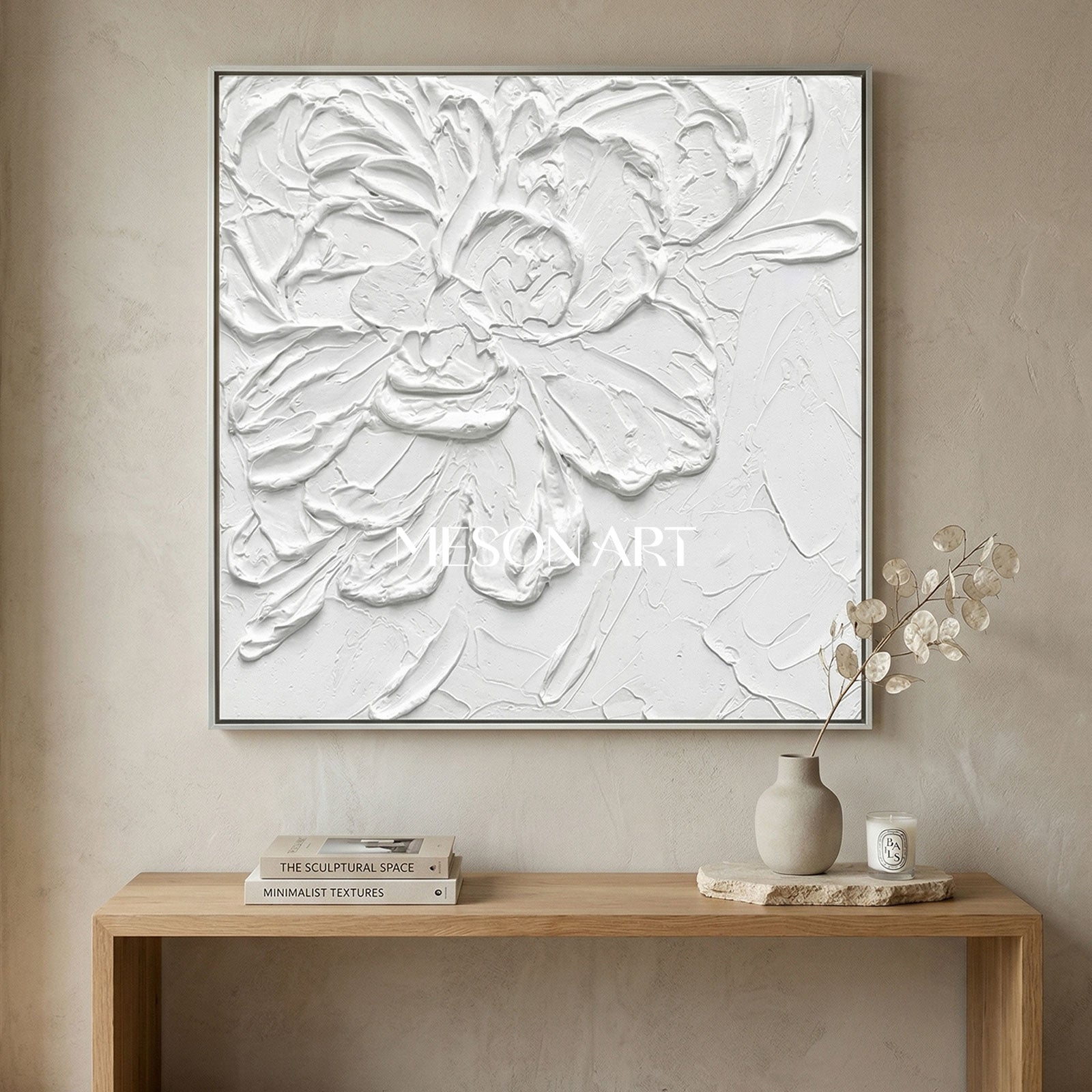 White Flowers Plaster Canvas Art Abstract Plaster Wall Art Flowers Acrylic Painting