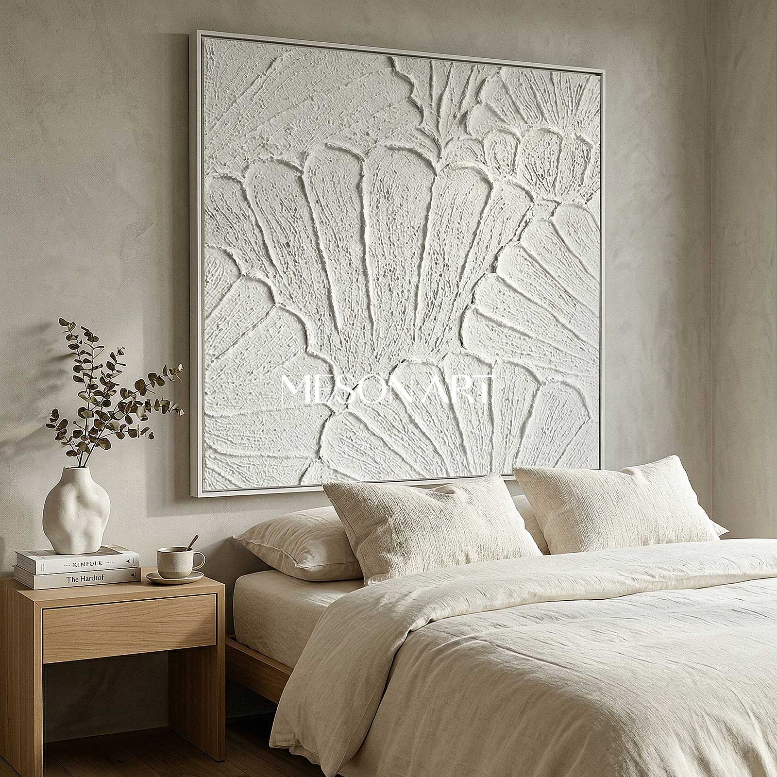 White flower petal Textured Canvas painting 3D plaster art White Abstract Minimalist