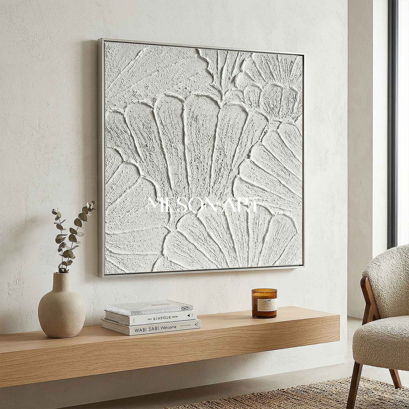 White flower petal Textured Canvas painting 3D plaster art White Abstract Minimalist