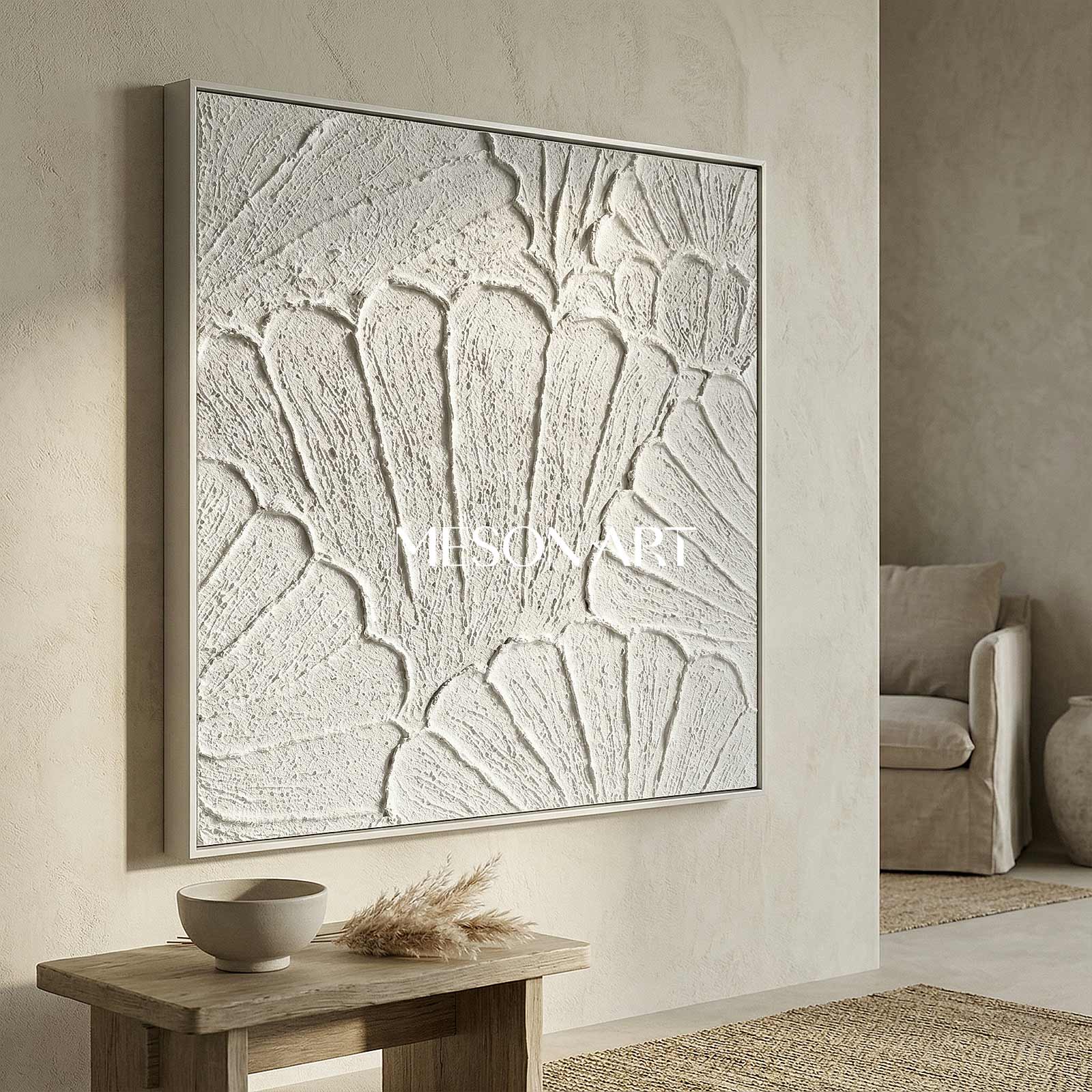 White flower petal Textured Canvas painting 3D plaster art White Abstract Minimalist