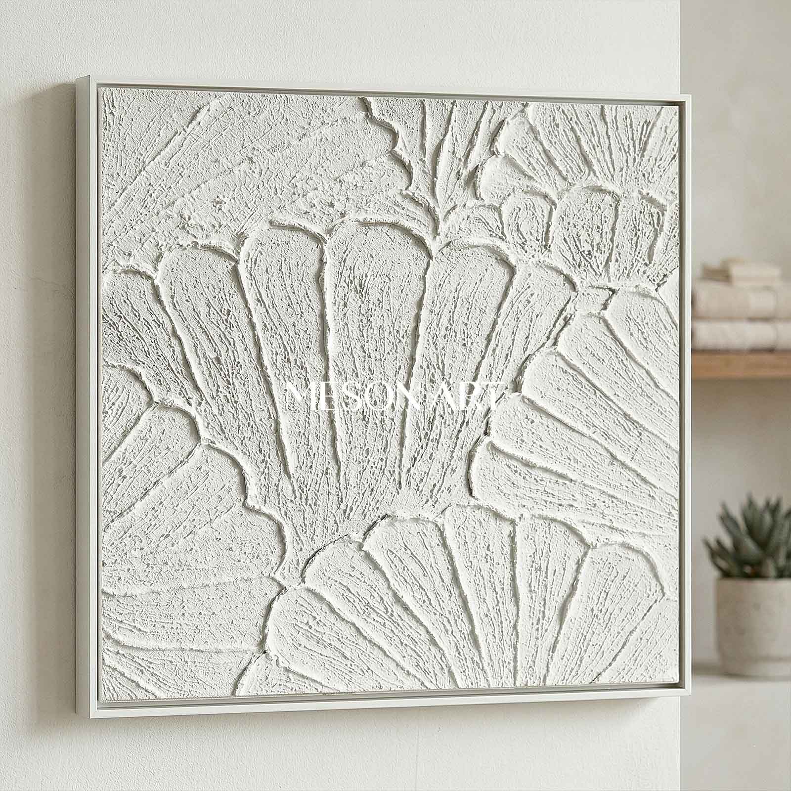 White flower petal Textured Canvas painting 3D plaster art White Abstract Minimalist