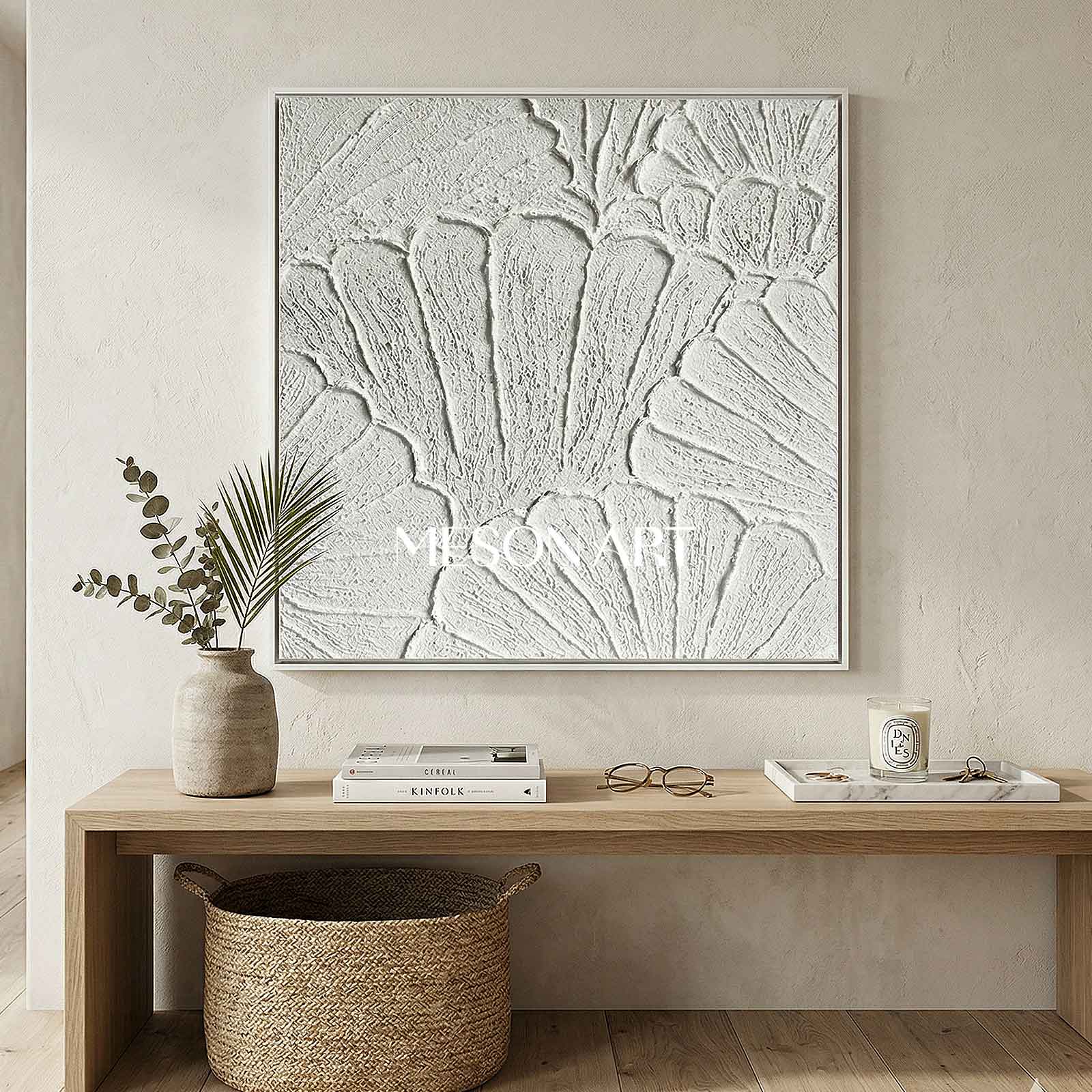White flower petal Textured Canvas painting 3D plaster art White Abstract Minimalist