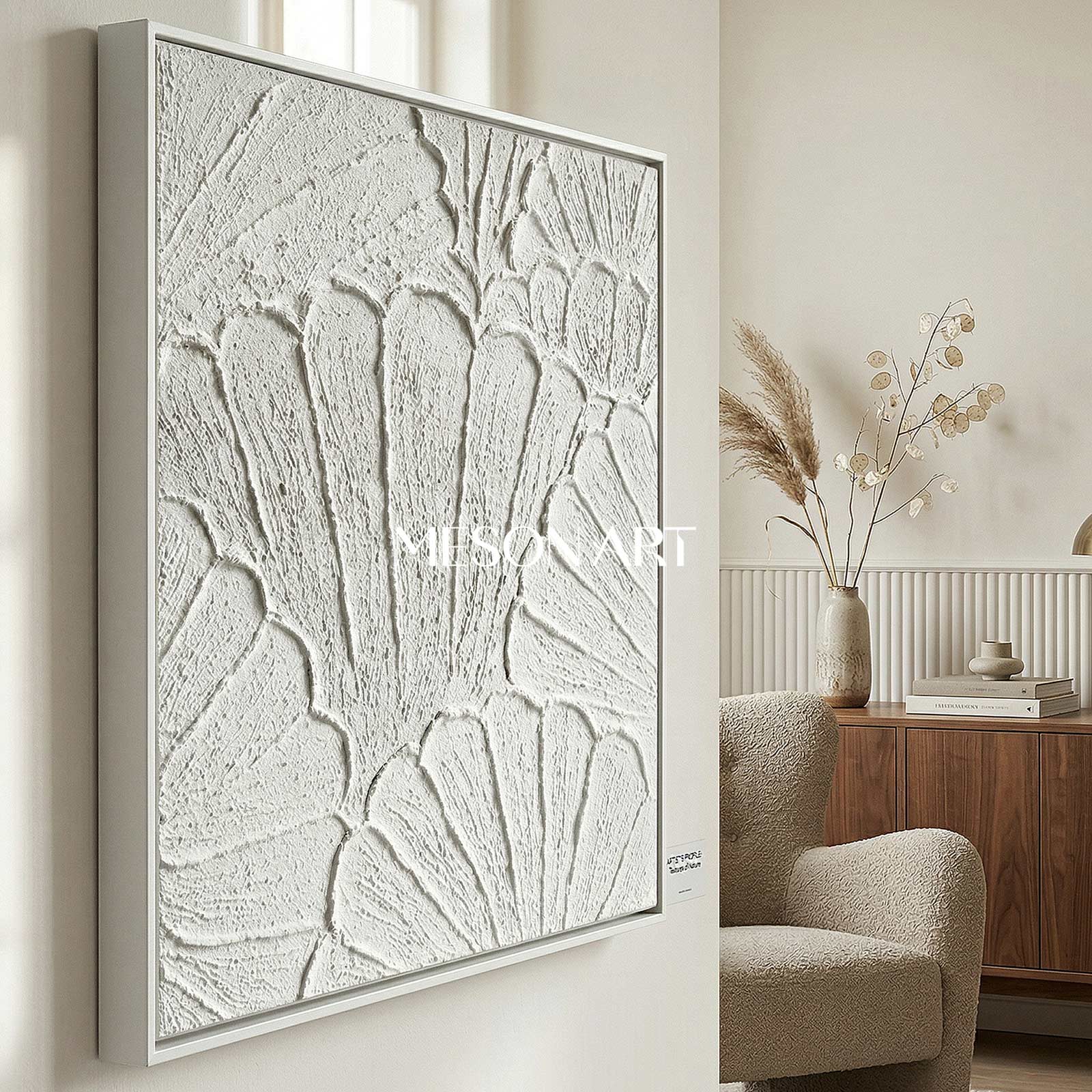 White flower petal Textured Canvas painting 3D plaster art White Abstract Minimalist
