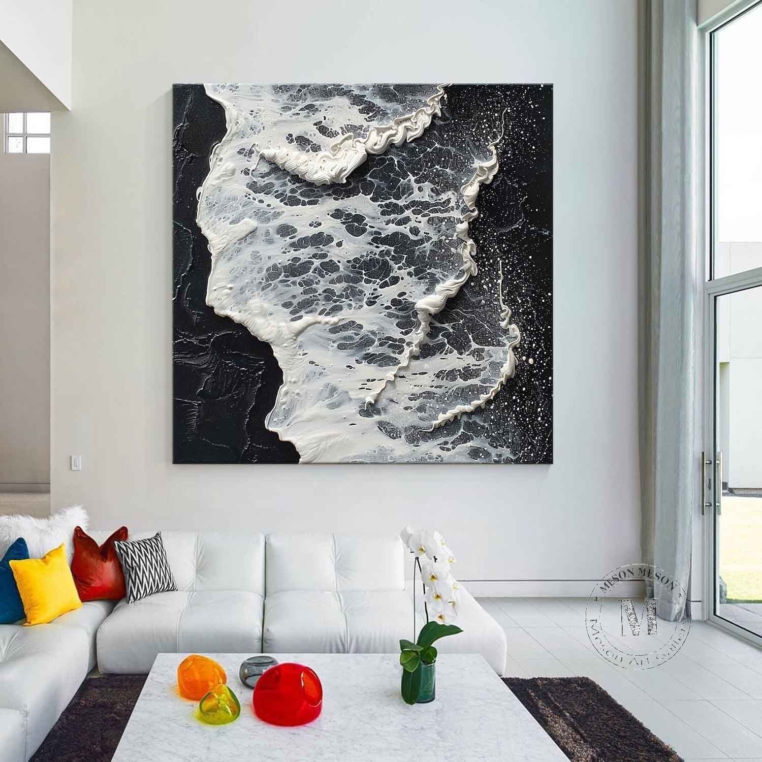 3D Black and White Wave Art Canvas Black and White Abstract Textured Acrylic Wall Painting