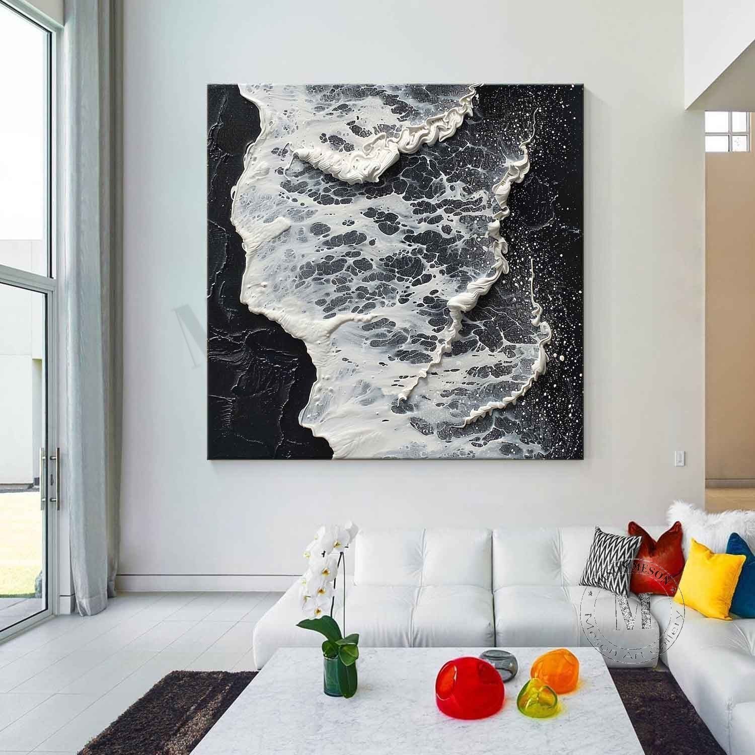 3D Black and White Wave Art Canvas Black and White Abstract Textured Acrylic Wall Painting
