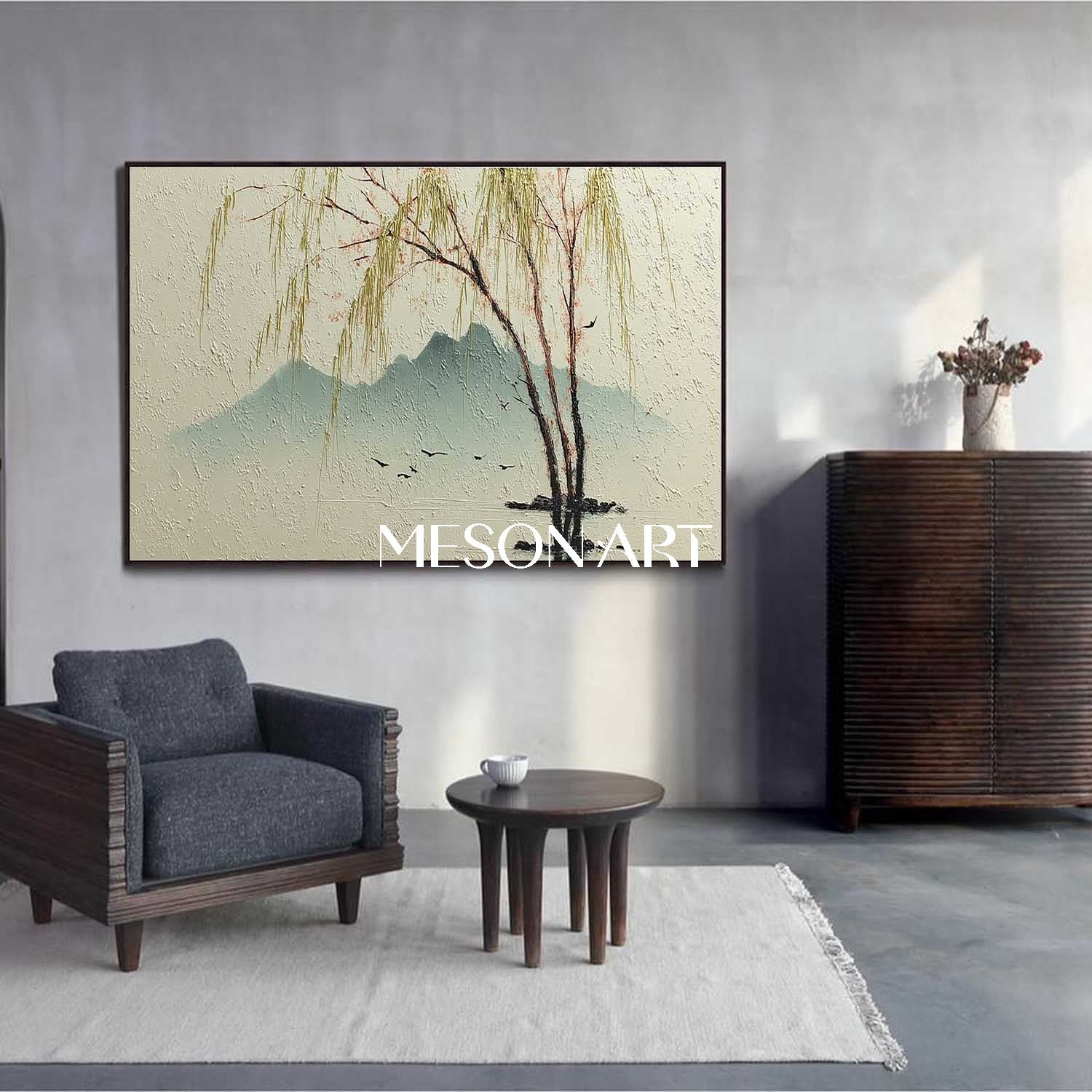 Willow Tree Landscape Painting on Canvas – Hand-Painted Wall Art by Mesonart