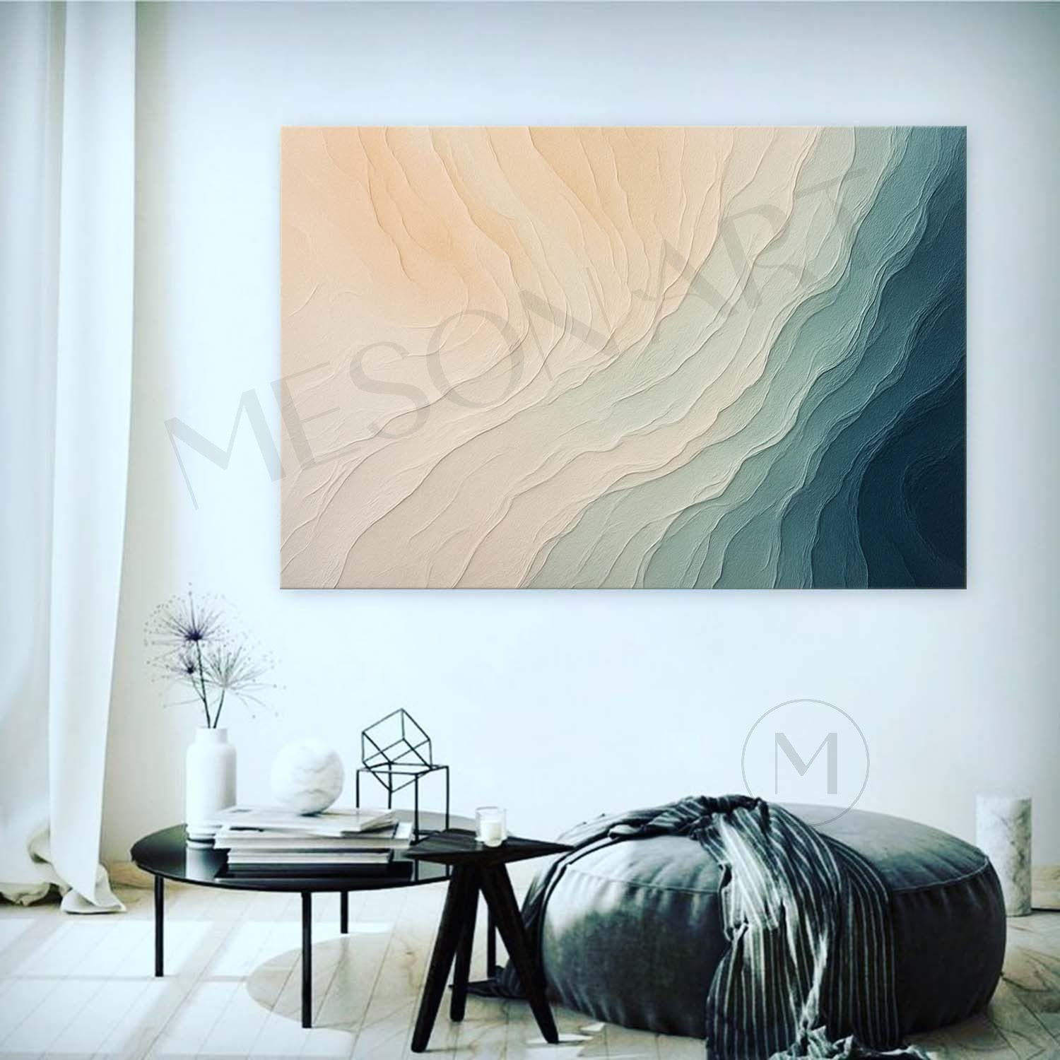 Large Beige And Blue Abstract Sea Canvas Painting Beige And Blue Abstract Sea Texture Wall Art