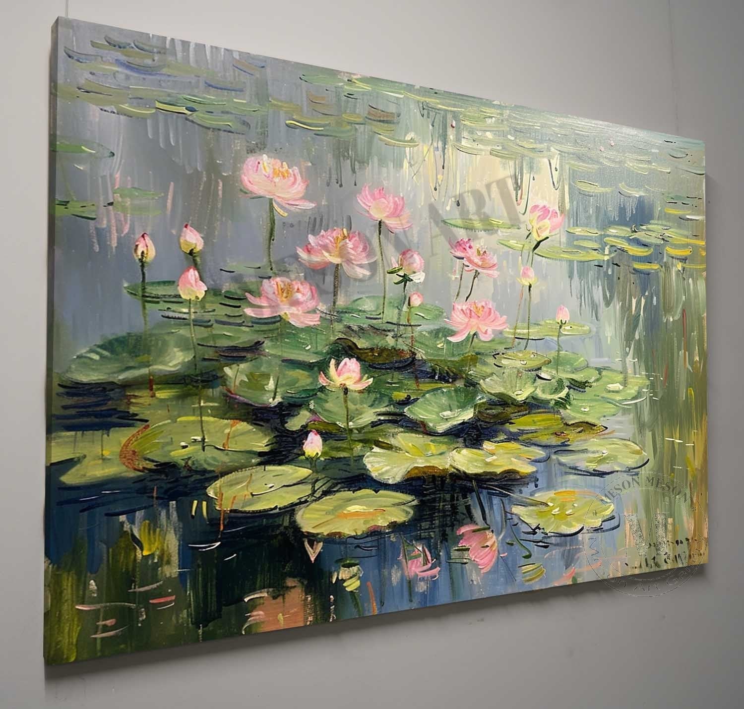 Large Monet Lotus Original Artwork Green Monet Lotus Canvas Wall Art Monet Lotus Oil Painting