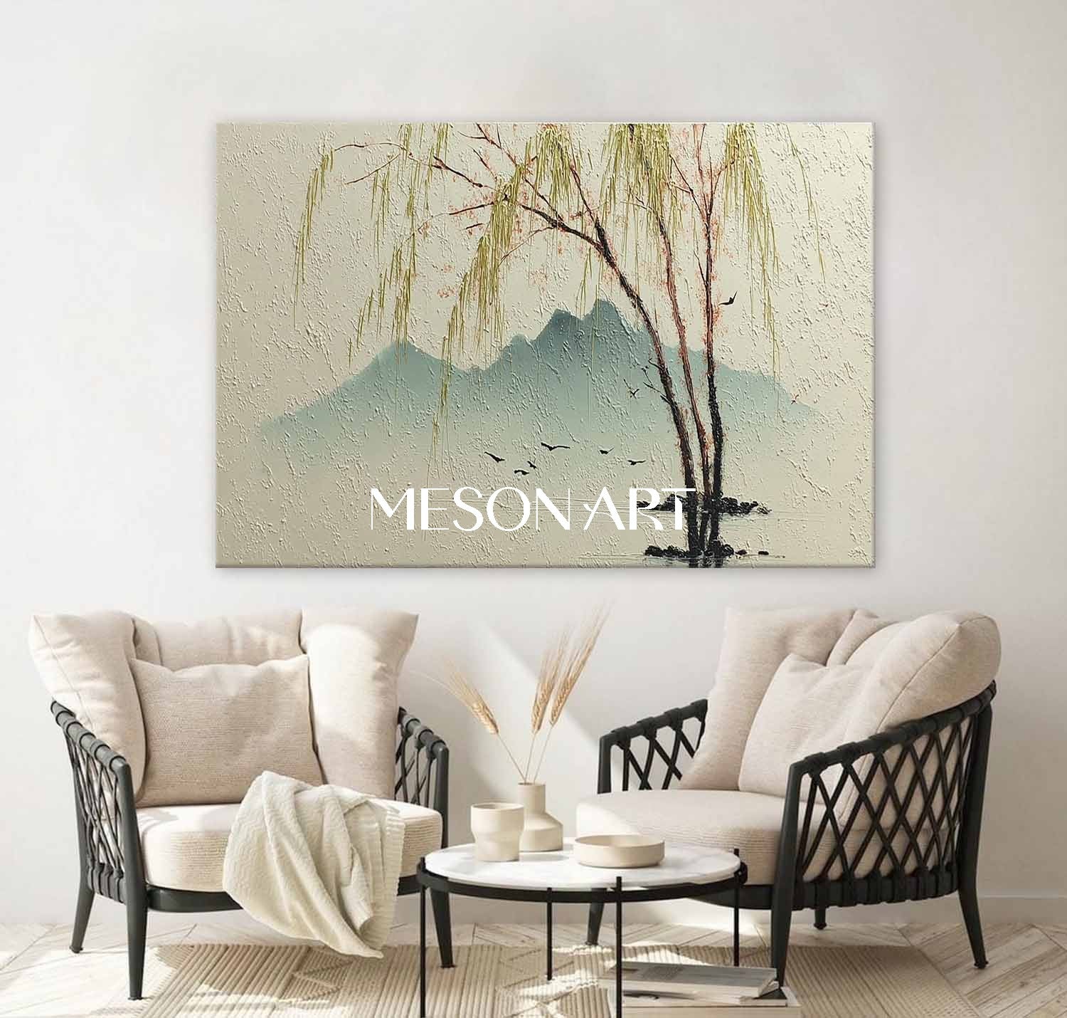 Willow Tree Landscape Painting on Canvas – Hand-Painted Wall Art by Mesonart