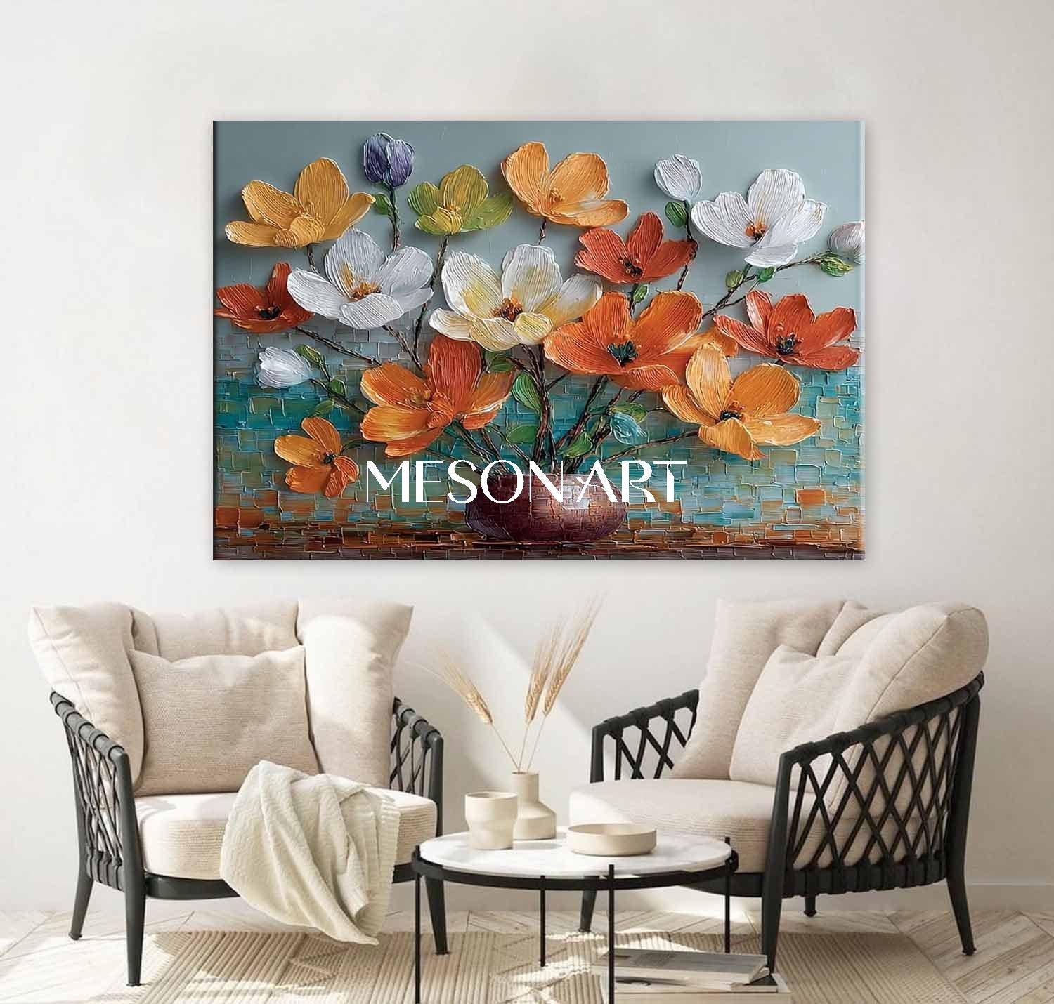 Luxury Botanical Canvas Art Oversized Flower Wall Art Textured Acrylic Flower Painting