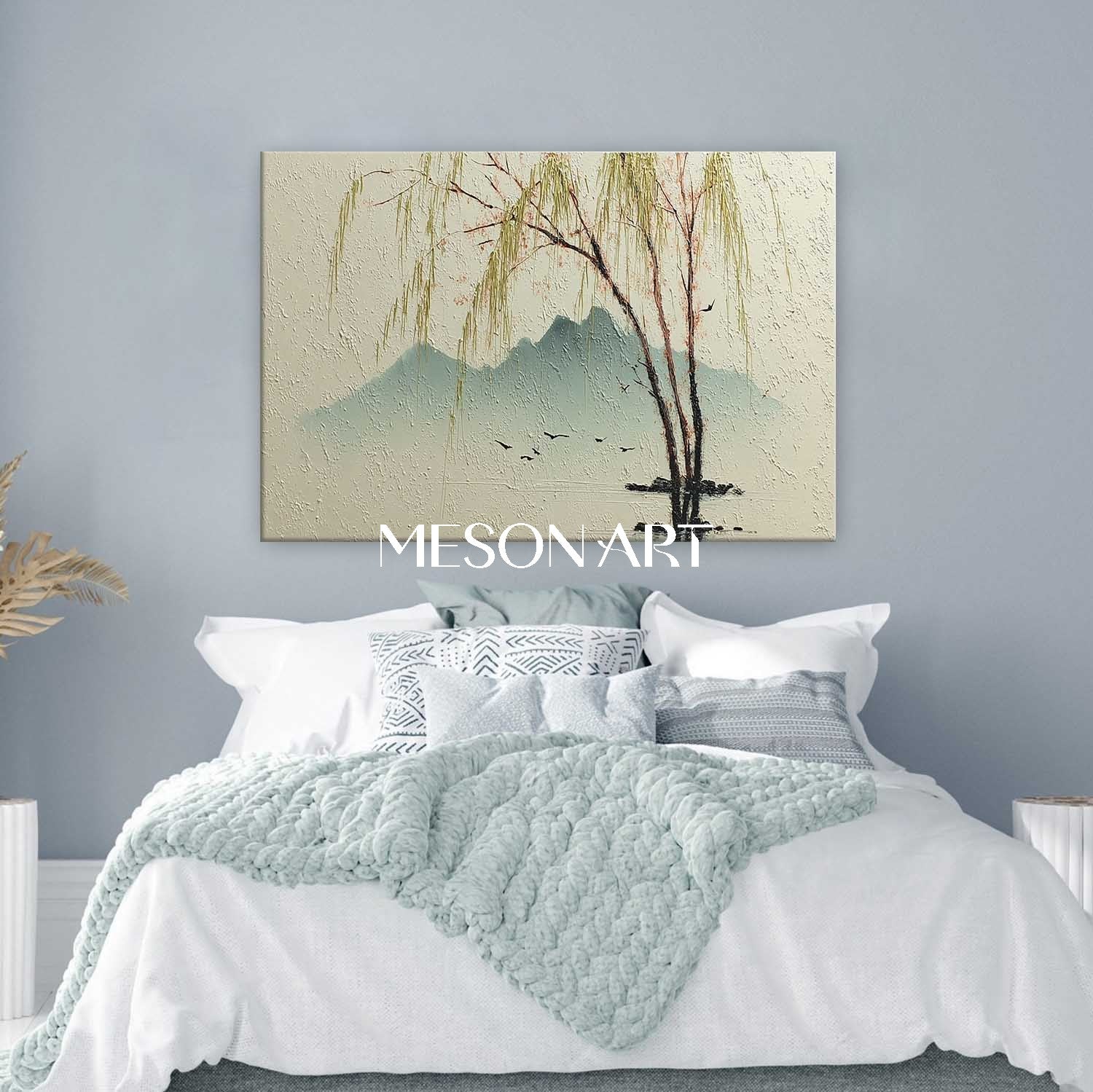 Willow Tree Landscape Painting on Canvas – Hand-Painted Wall Art by Mesonart