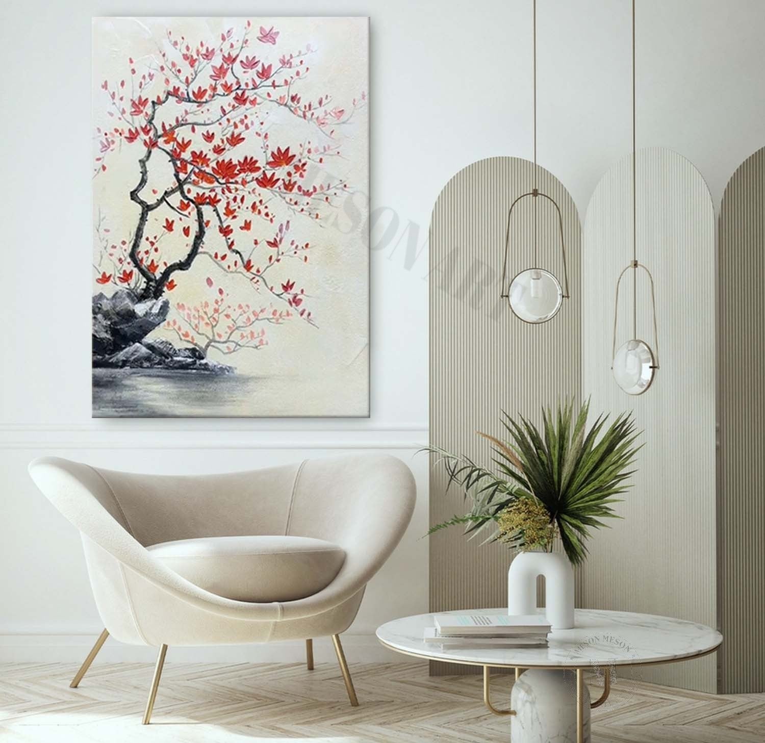 Red Flower Texture Painting Wabi-Sabi Wall Art Japanese Flower Painting on Canvas