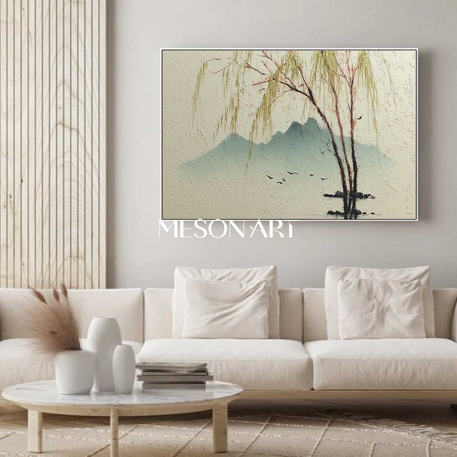 Willow Tree Landscape Painting on Canvas – Hand-Painted Wall Art by Mesonart