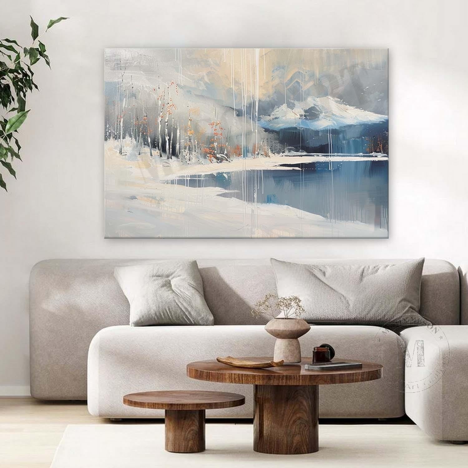 Snowy Lakeside Scenery Oil Painting for Sale White Lakeside Snowy Scenery Canvas Wall Art Decoration