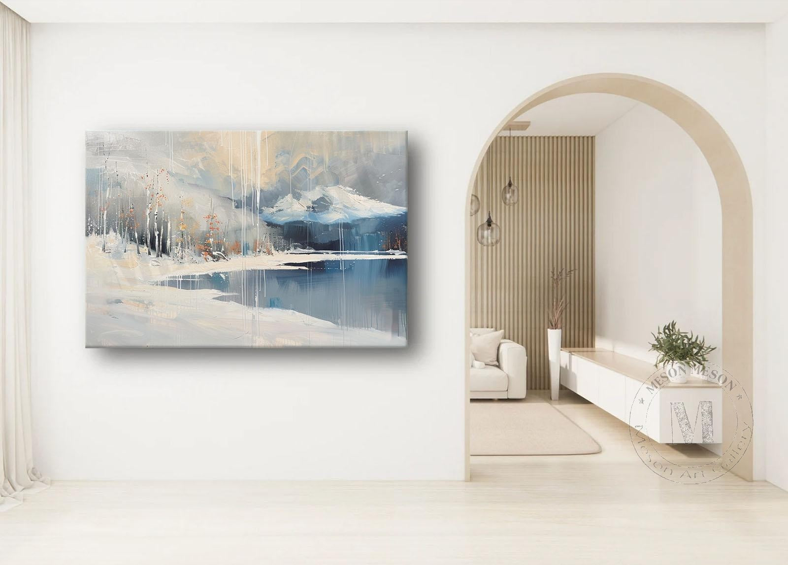 Snowy Lakeside Scenery Oil Painting for Sale White Lakeside Snowy Scenery Canvas Wall Art Decoration
