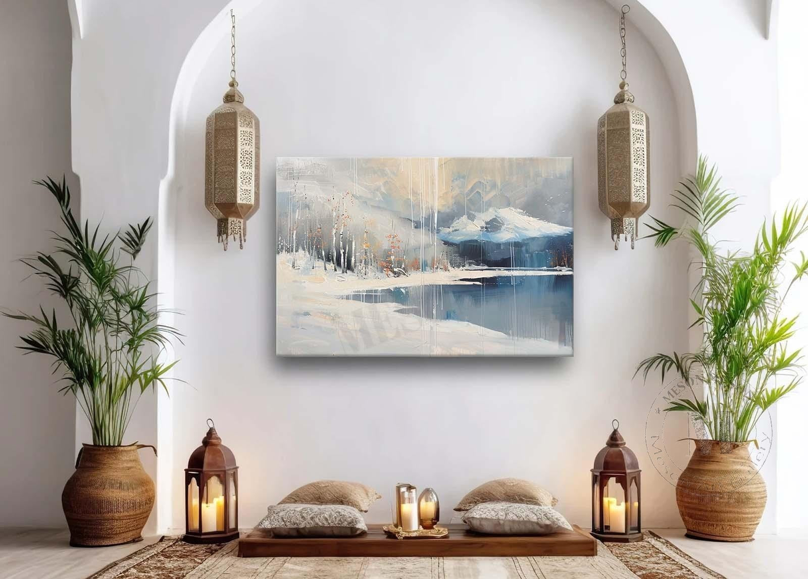 Snowy Lakeside Scenery Oil Painting for Sale White Lakeside Snowy Scenery Canvas Wall Art Decoration
