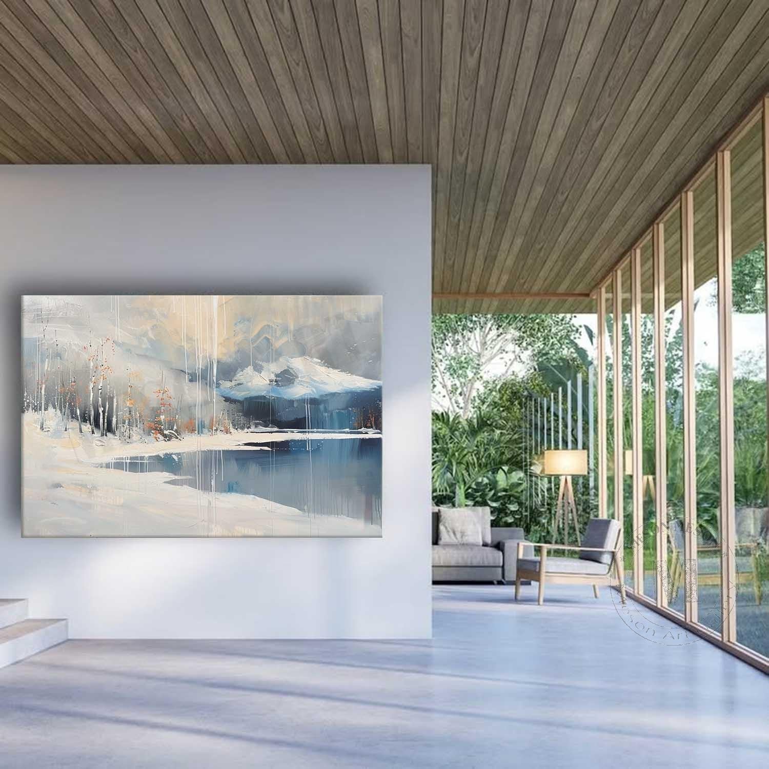 Snowy Lakeside Scenery Oil Painting for Sale White Lakeside Snowy Scenery Canvas Wall Art Decoration