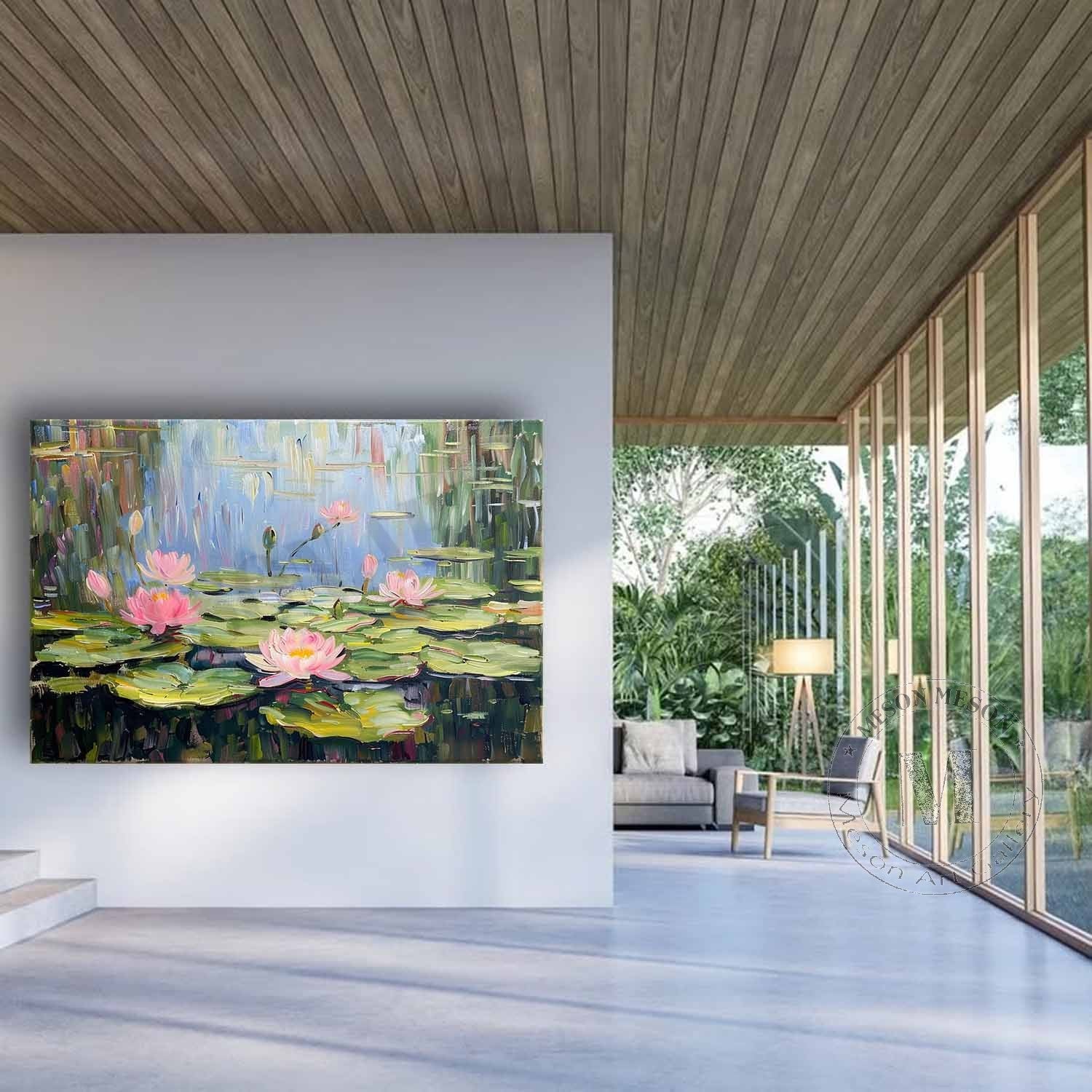 Large Green Monet Lotus Canvas Art Green Monet Lotus Oil Painting Lotus Lotus Canvas Wall Art