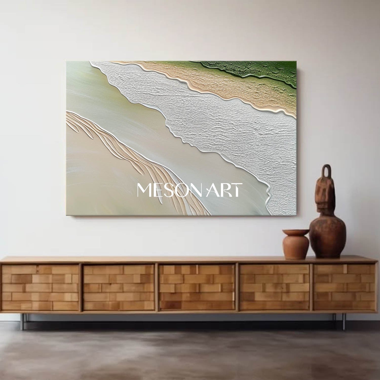 Green Beige Impasto Wave and Beach Textured Large Canvas Oil Painting