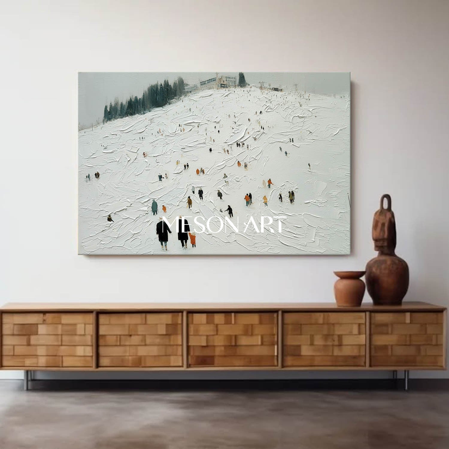 White Grey Impasto Snowscape Ski Resort Abstract Textured Painting Art