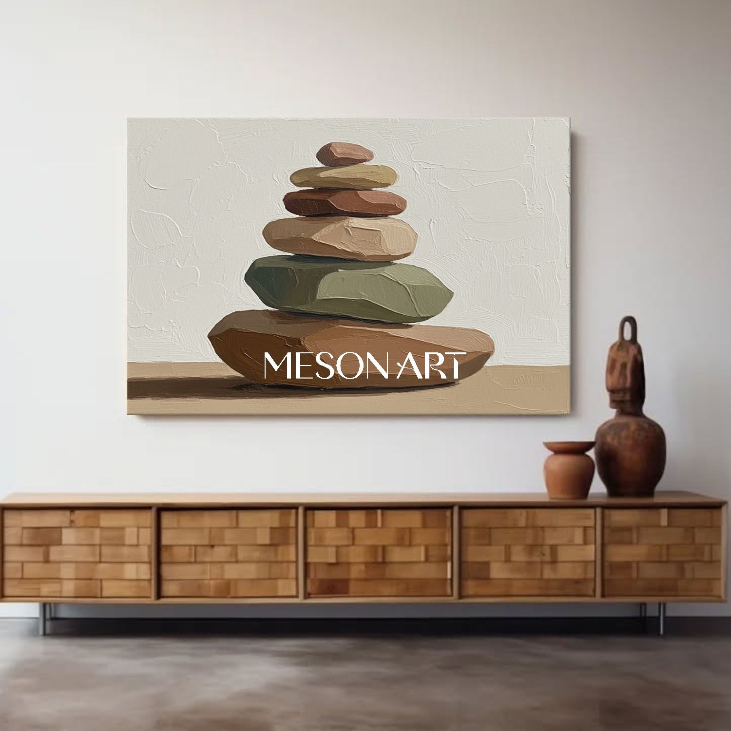 Wabi Sabi Inspired Rock Painting Beige Green for Entryway Neutral Tone
