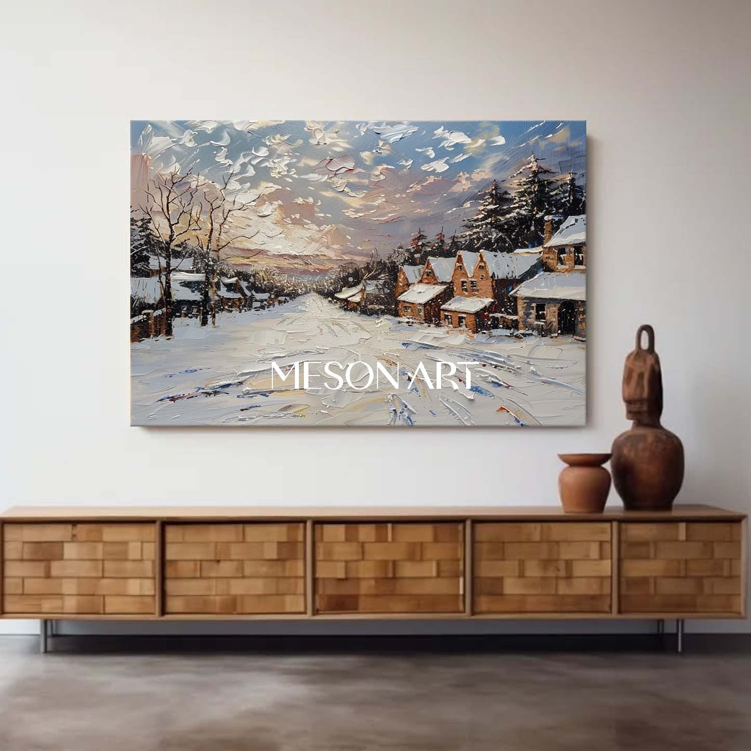 Impasto Snow Village Landscape Oil Painting Customizable Wall Decor