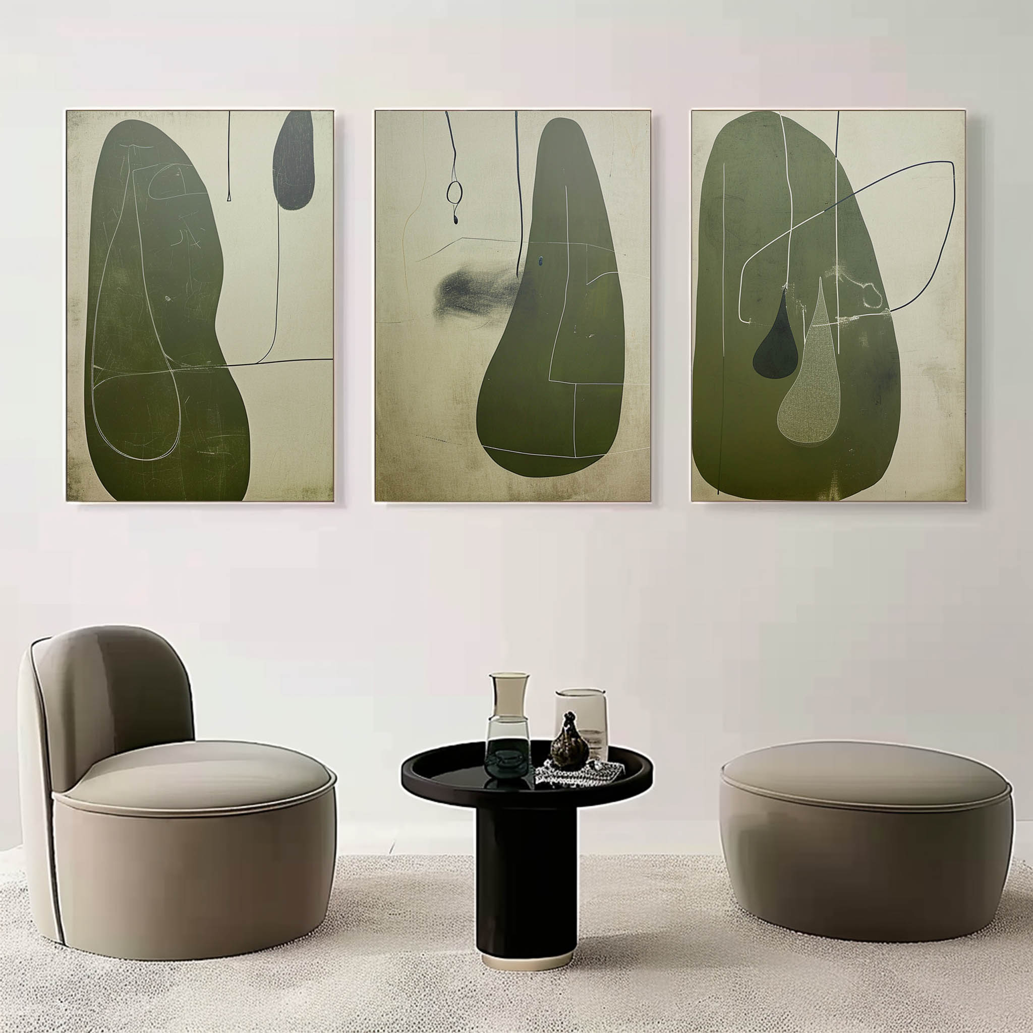 Green Contemporary Minimalist Art 3 Piece Set Wabi-Sabi Wall Art Green Abstract Canvas Art Set of 3