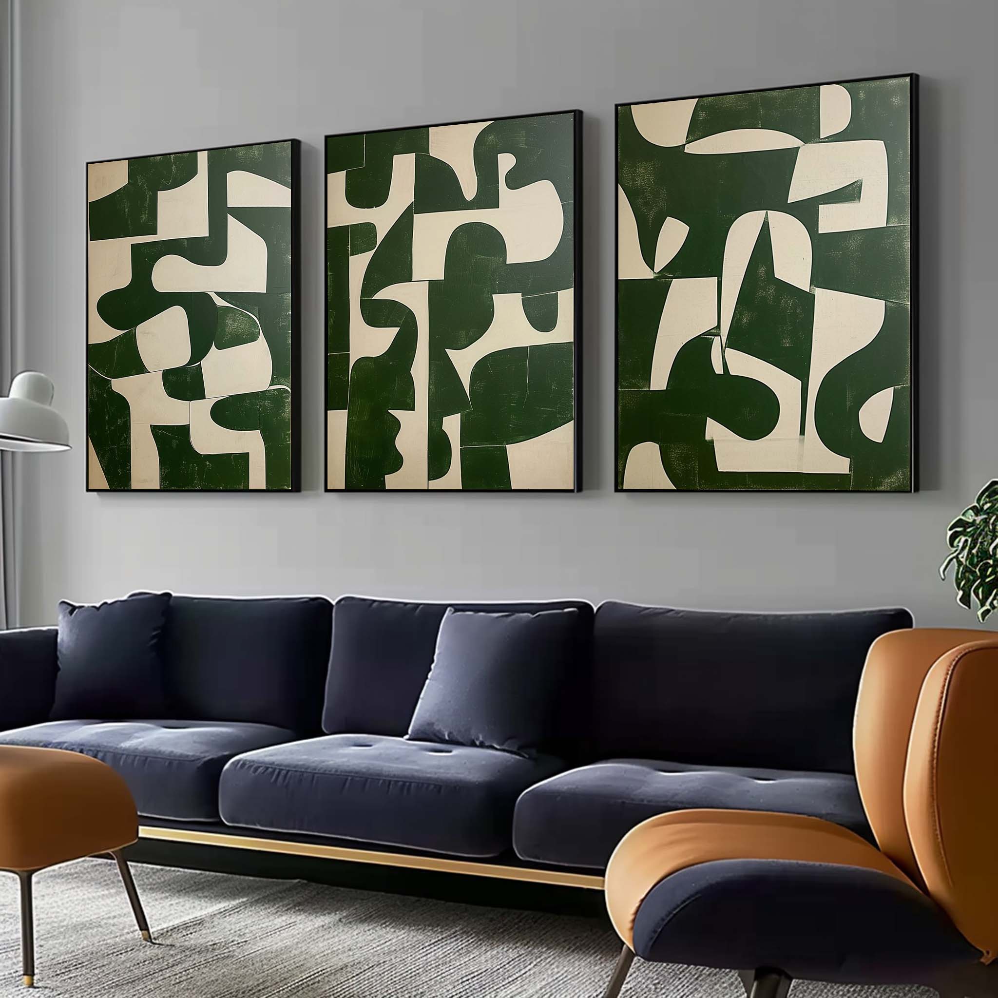 Green and Beige Minimalist Art 3 Piece Set Wabi-Sabi Wall Art Green and Beige Canvas Oil Paintings