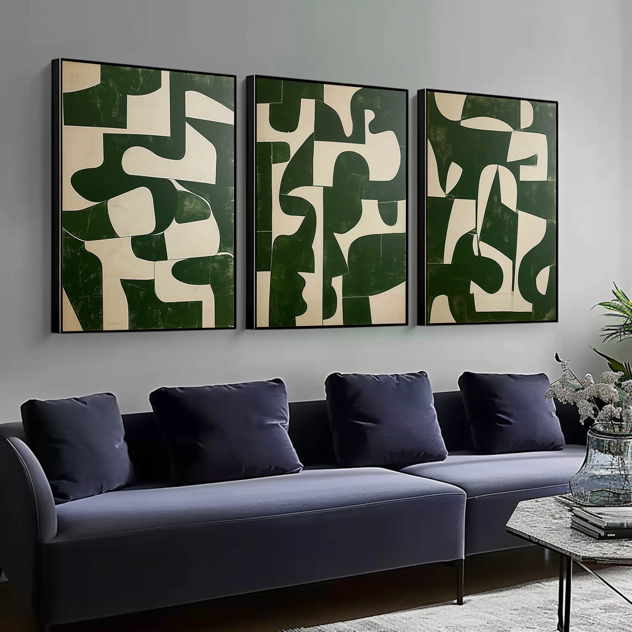 Green and Beige Minimalist Art 3 Piece Set Wabi-Sabi Wall Art Green and Beige Canvas Oil Paintings