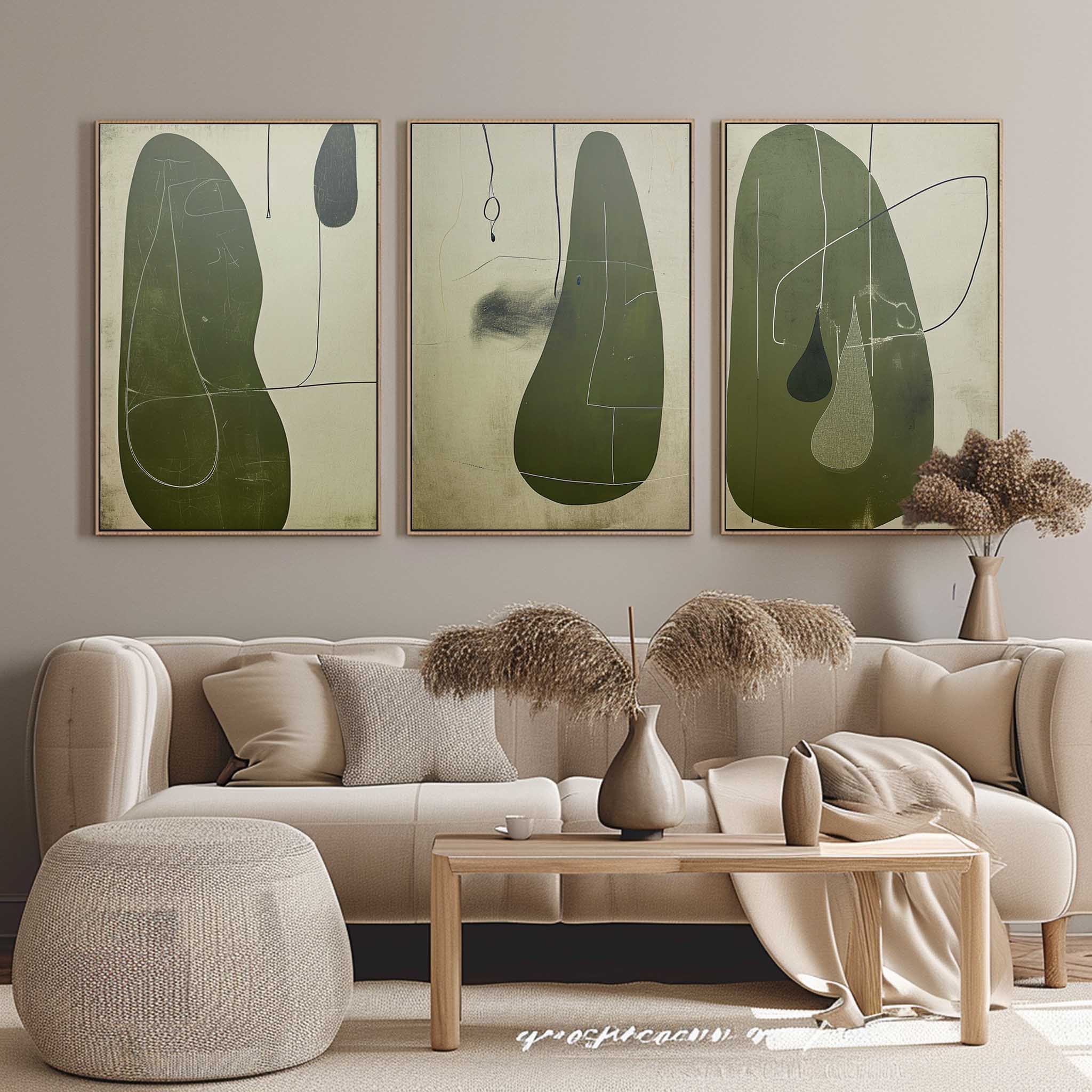 Green Contemporary Minimalist Art 3 Piece Set Wabi-Sabi Wall Art Green Abstract Canvas Art Set of 3