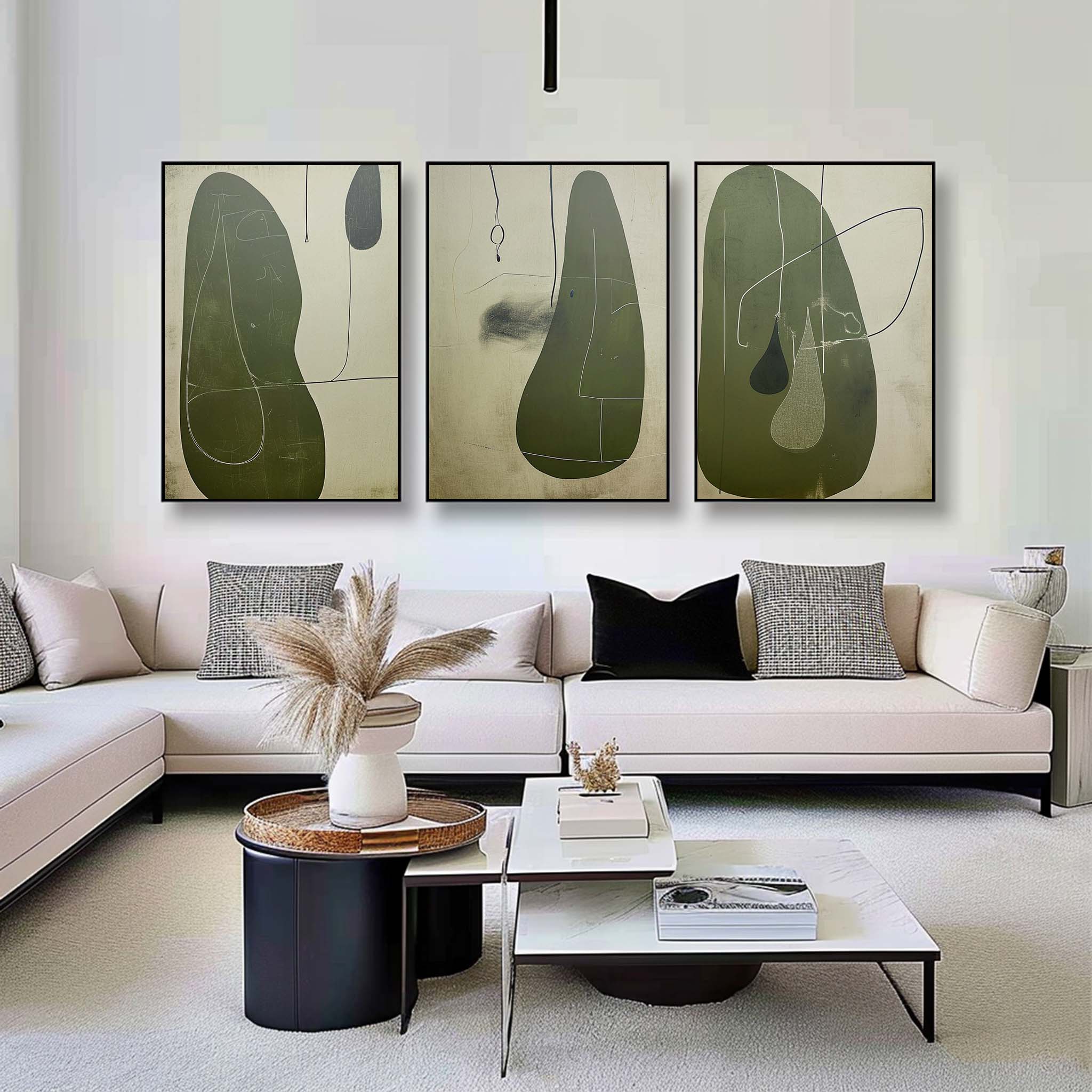 Green Contemporary Minimalist Art 3 Piece Set Wabi-Sabi Wall Art Green Abstract Canvas Art Set of 3