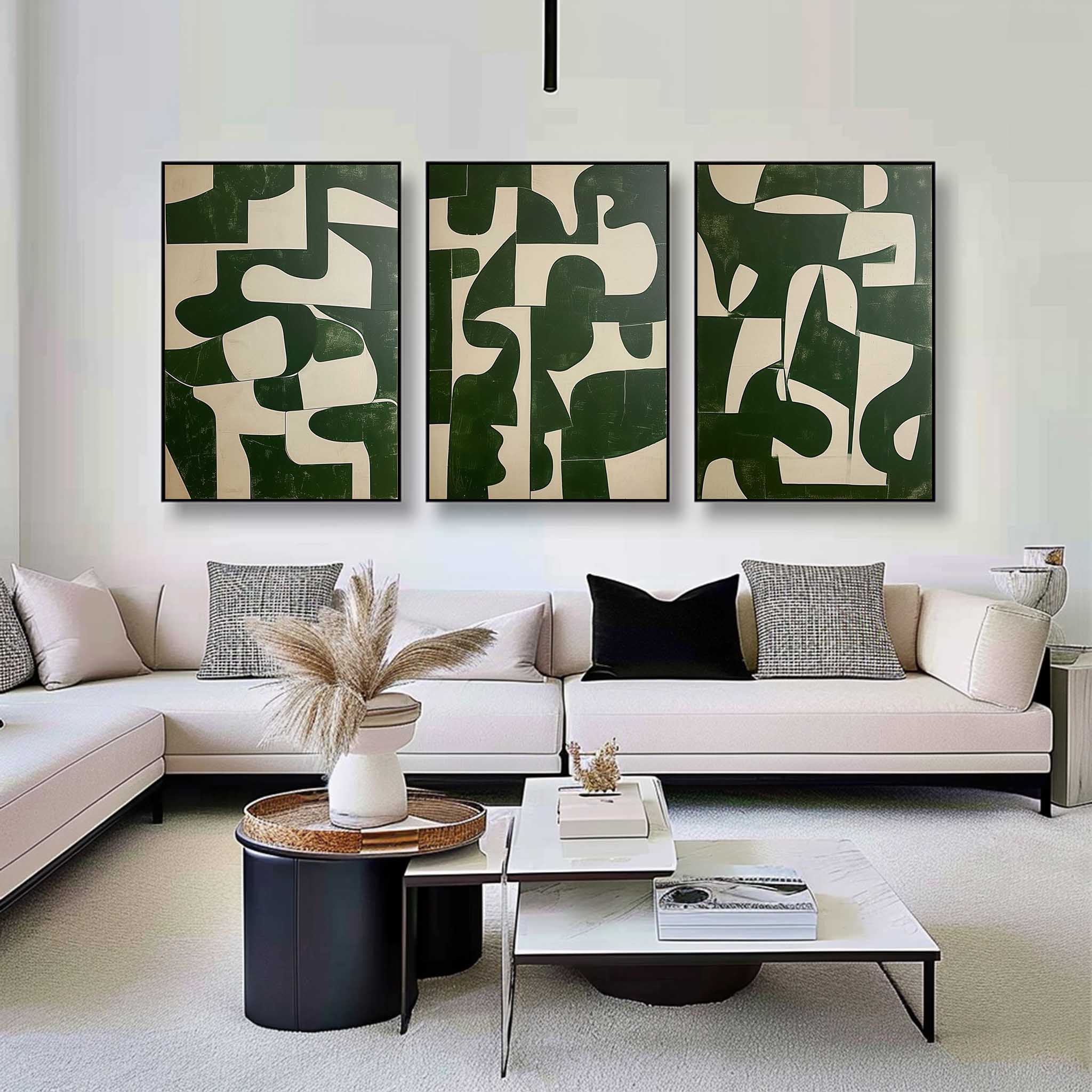 Green and Beige Minimalist Art 3 Piece Set Wabi-Sabi Wall Art Green and Beige Canvas Oil Paintings