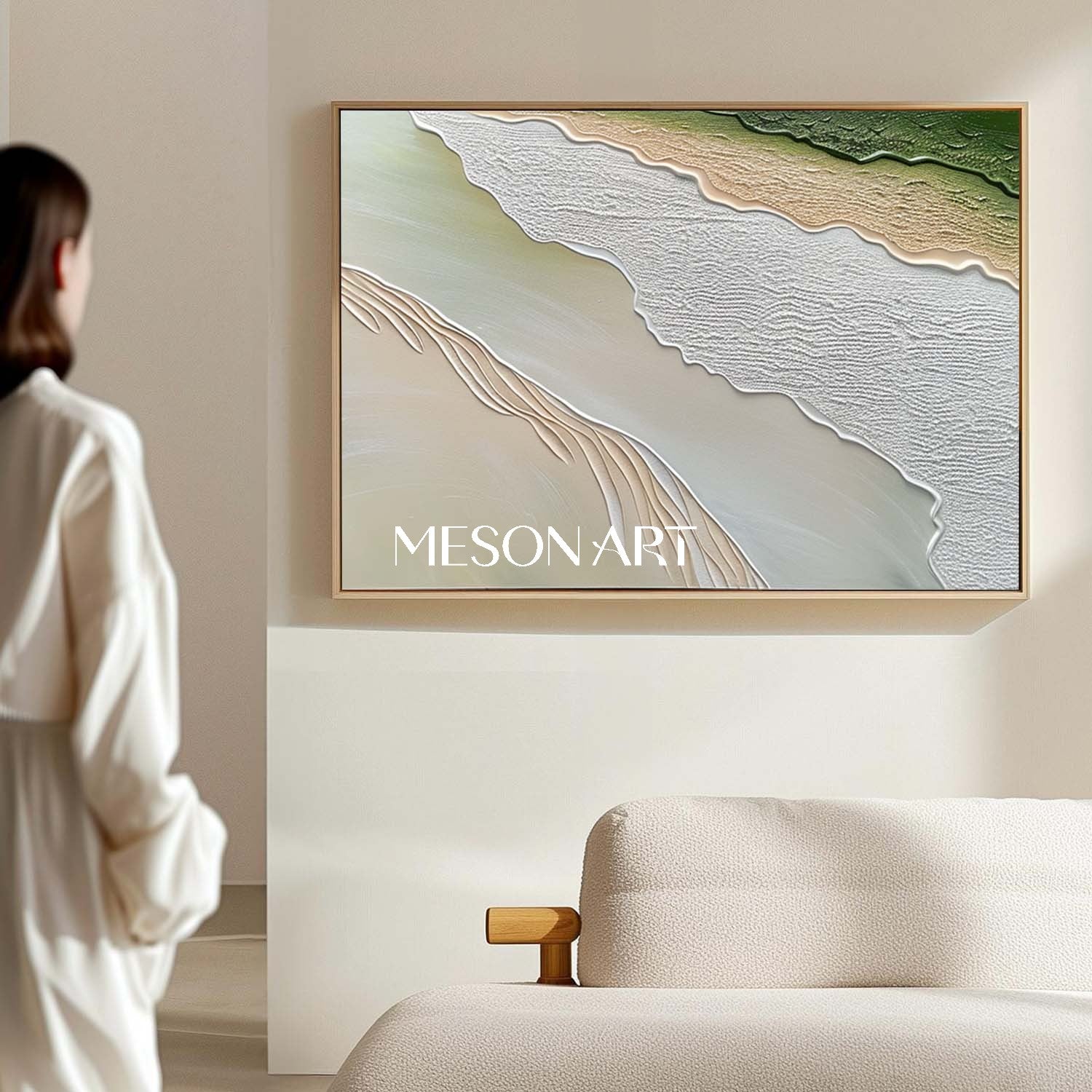 Green Beige Impasto Wave and Beach Textured Large Canvas Oil Painting