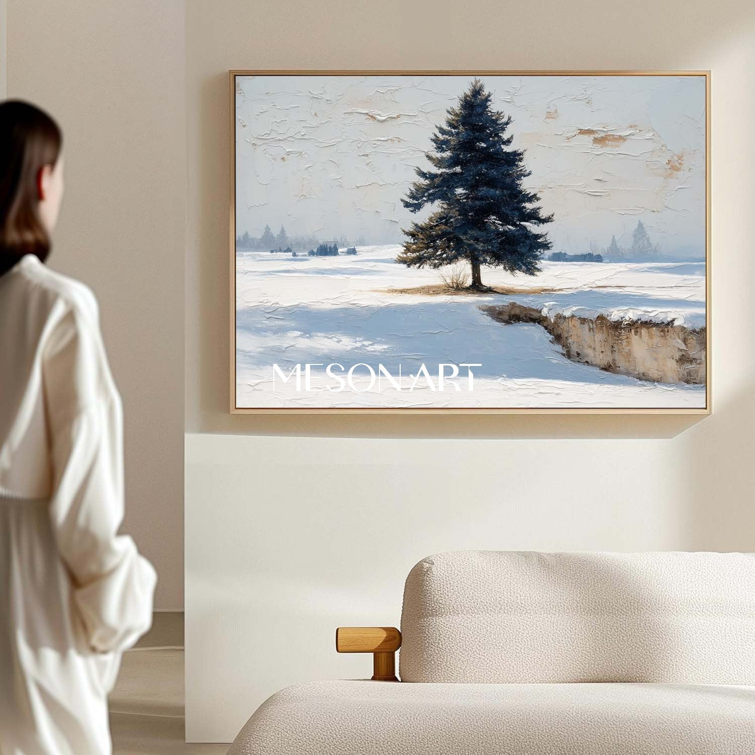 White Blue Impasto Painting Lonely Christmas Tree Winter Wall Art