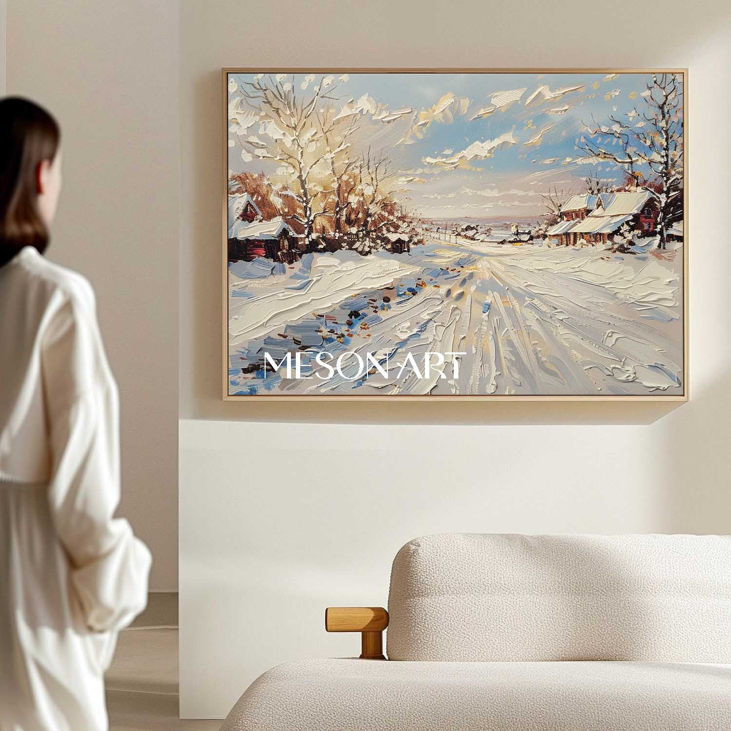 Hand-Painted Dnowscape Canvas Winter Village Custom Textured Art