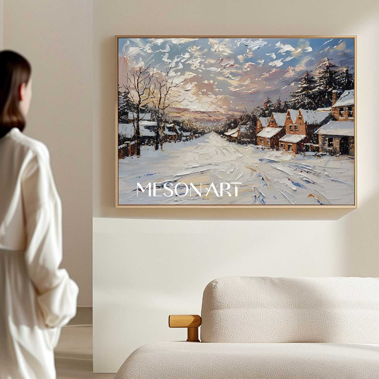 Impasto Snow Village Landscape Oil Painting Customizable Wall Decor